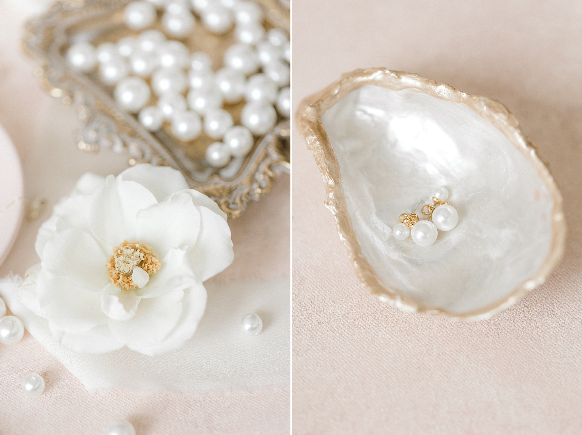 bride's pearl necklace rests in oyster for LBI wedding