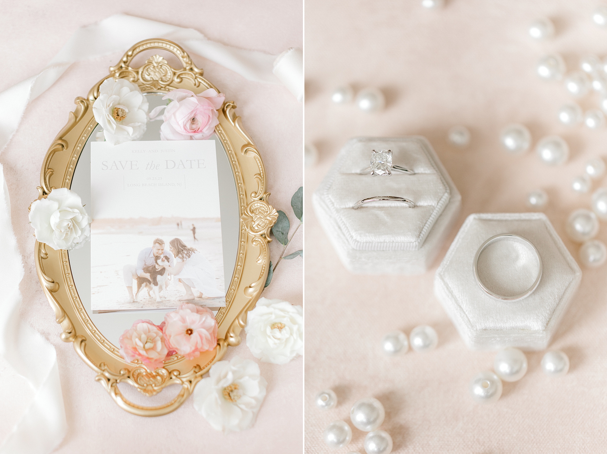 Long Beach Island wedding details with ivory ring box, and gold tray for invitation suite