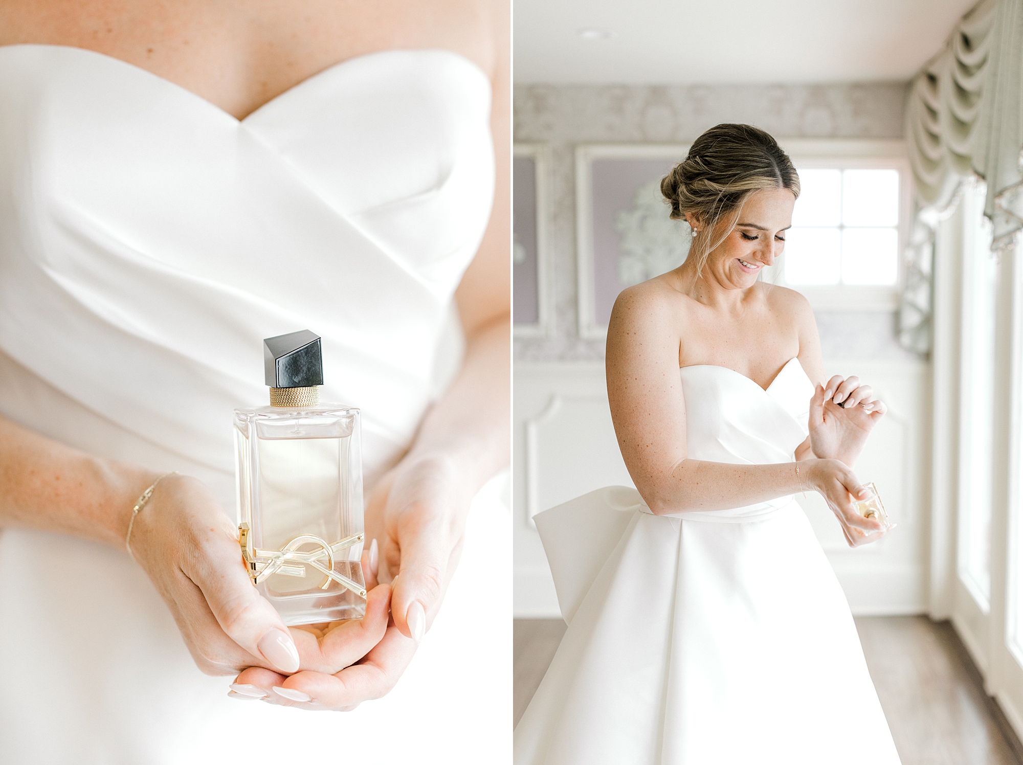 bride puts on perfume during prep at Mallard Island Yacht Club