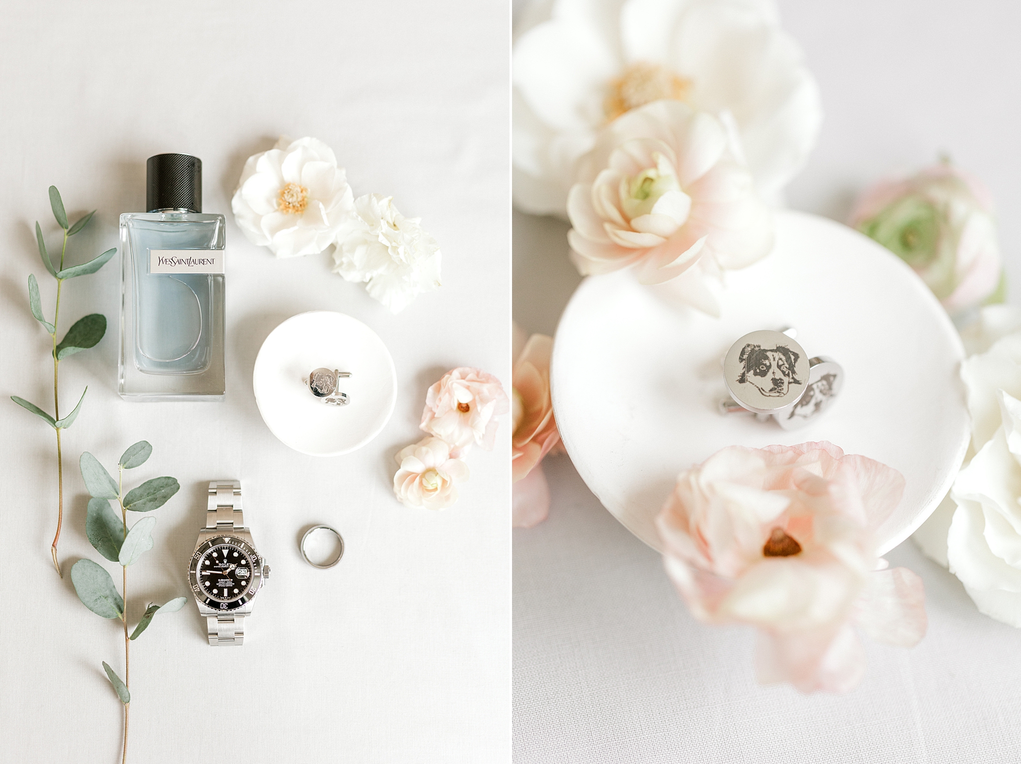 groom's cologne and white and pink flowers for elegant Mallard Island Yacht Club wedding day