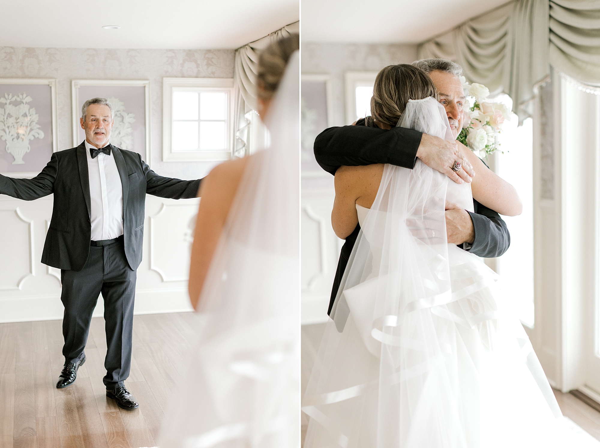 bride and dad hug during NJ wedding day first look
