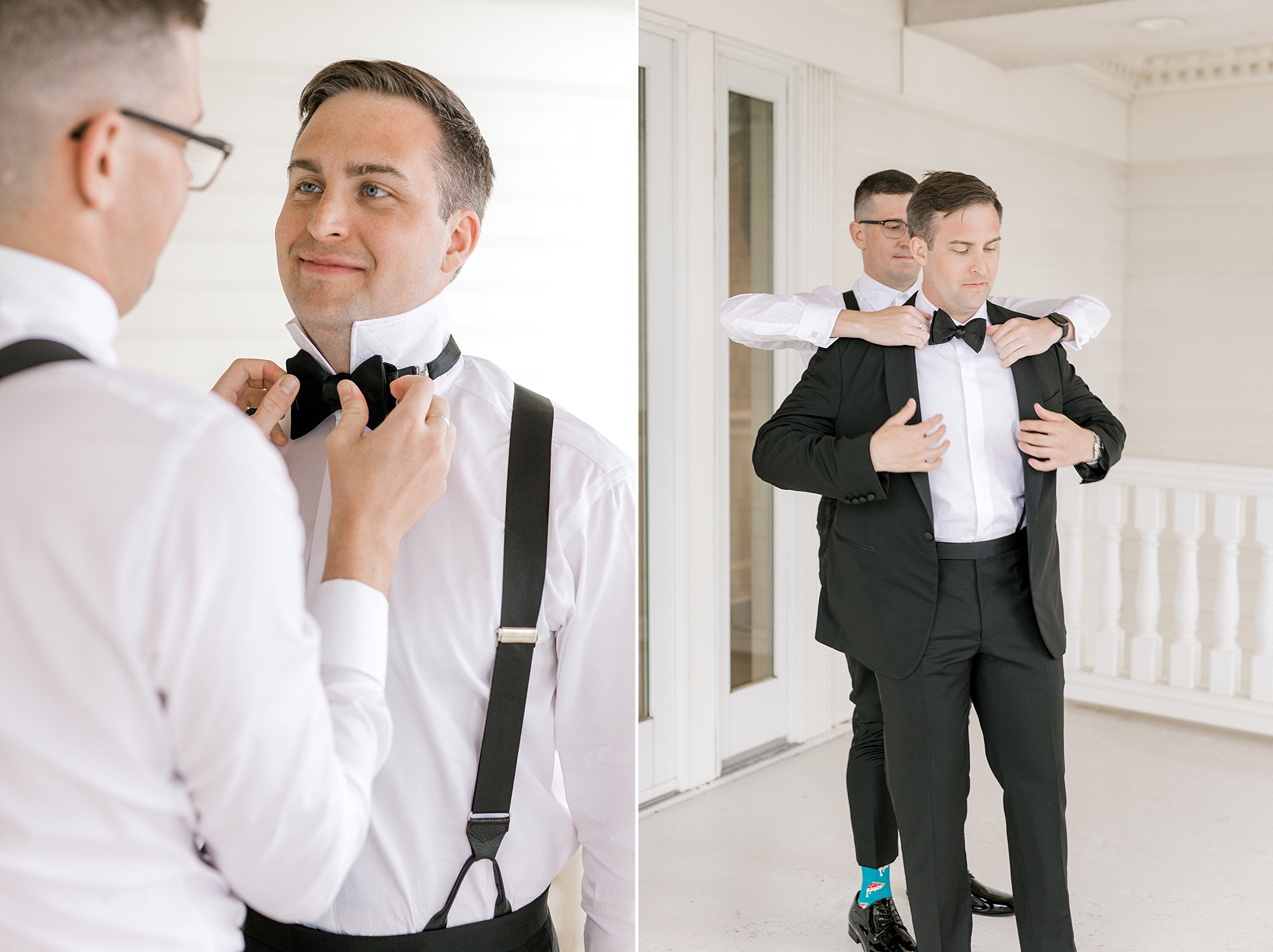 groomsman adjusts black tie for groom on patio at Mallard Island Yacht Club