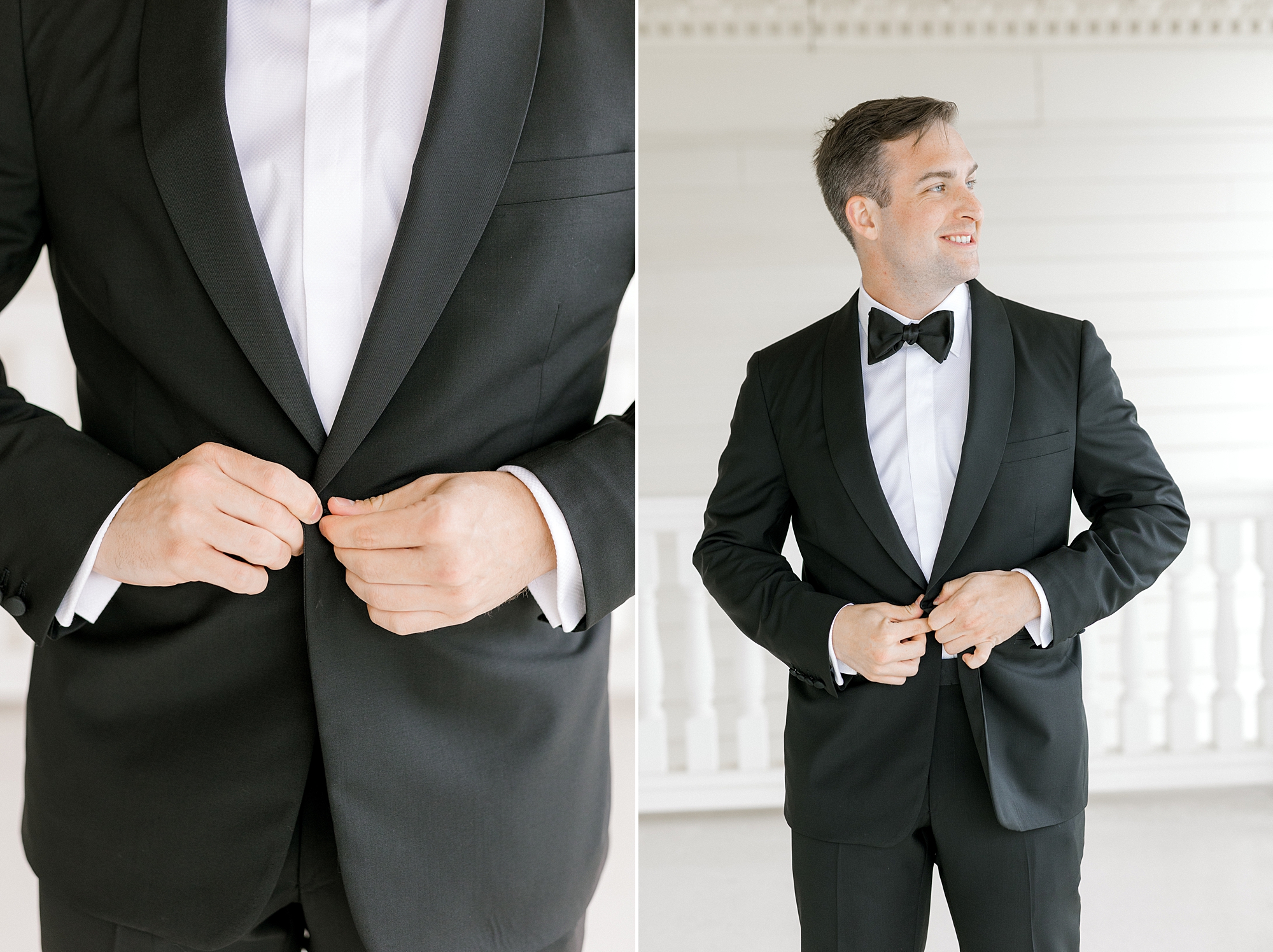 groom buttons up jacket during prep for NJ wedding