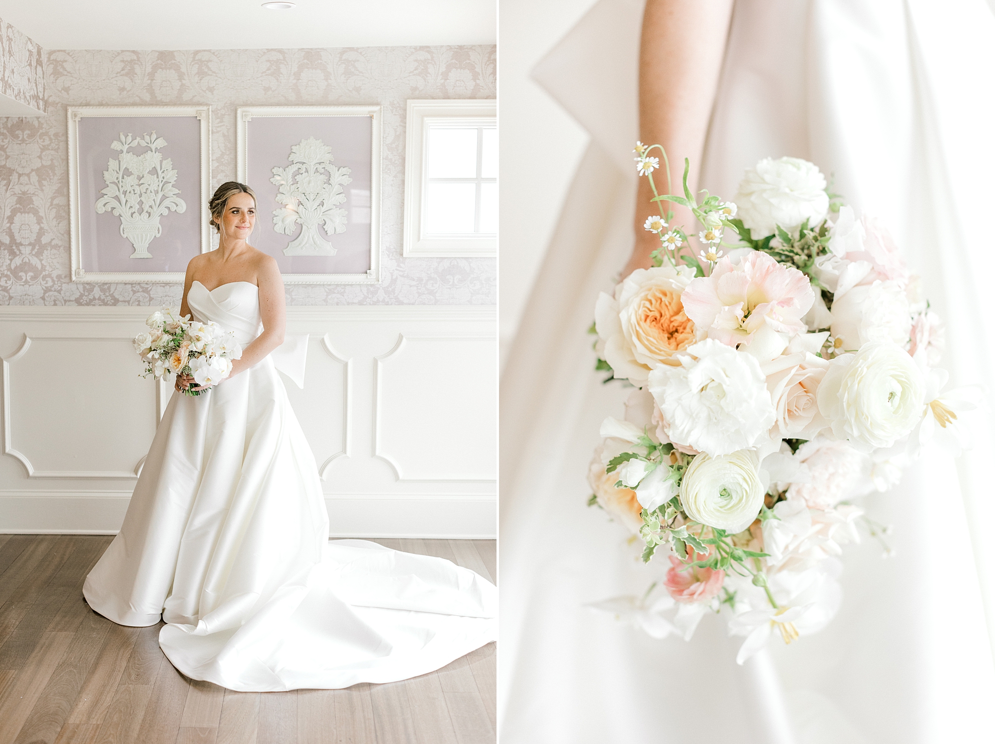 bride stands with bouquet of peach and ivory flowers at Mallard Island Yacht Club