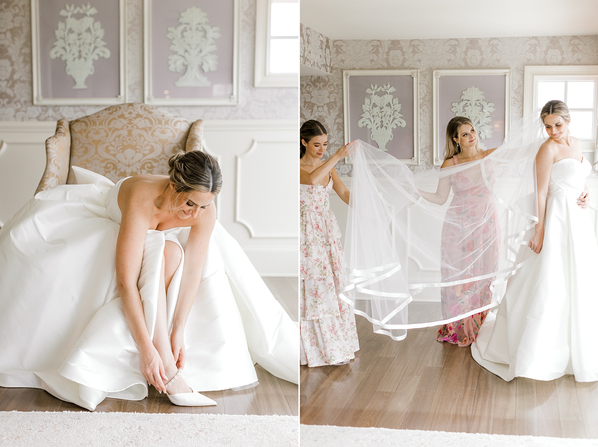 bridesmaids help bride with veil and wedding gown in bridal suite at Mallard Island Yacht Club
