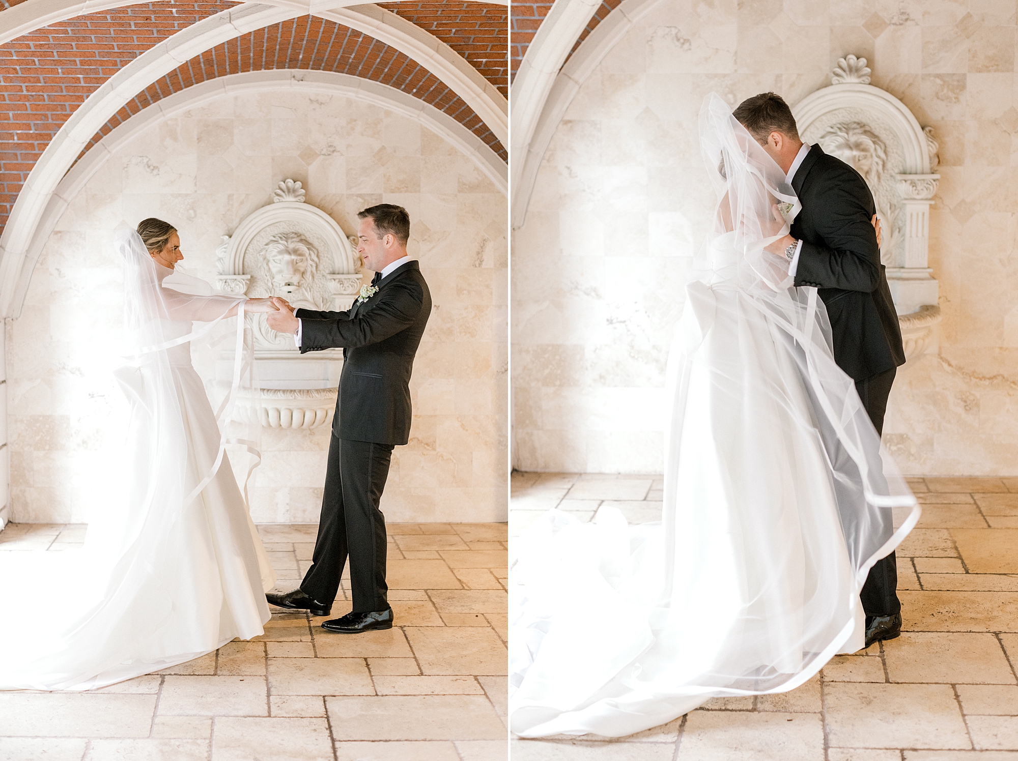 bride and groom pose under arches in Mallard Island Yacht Club during first look