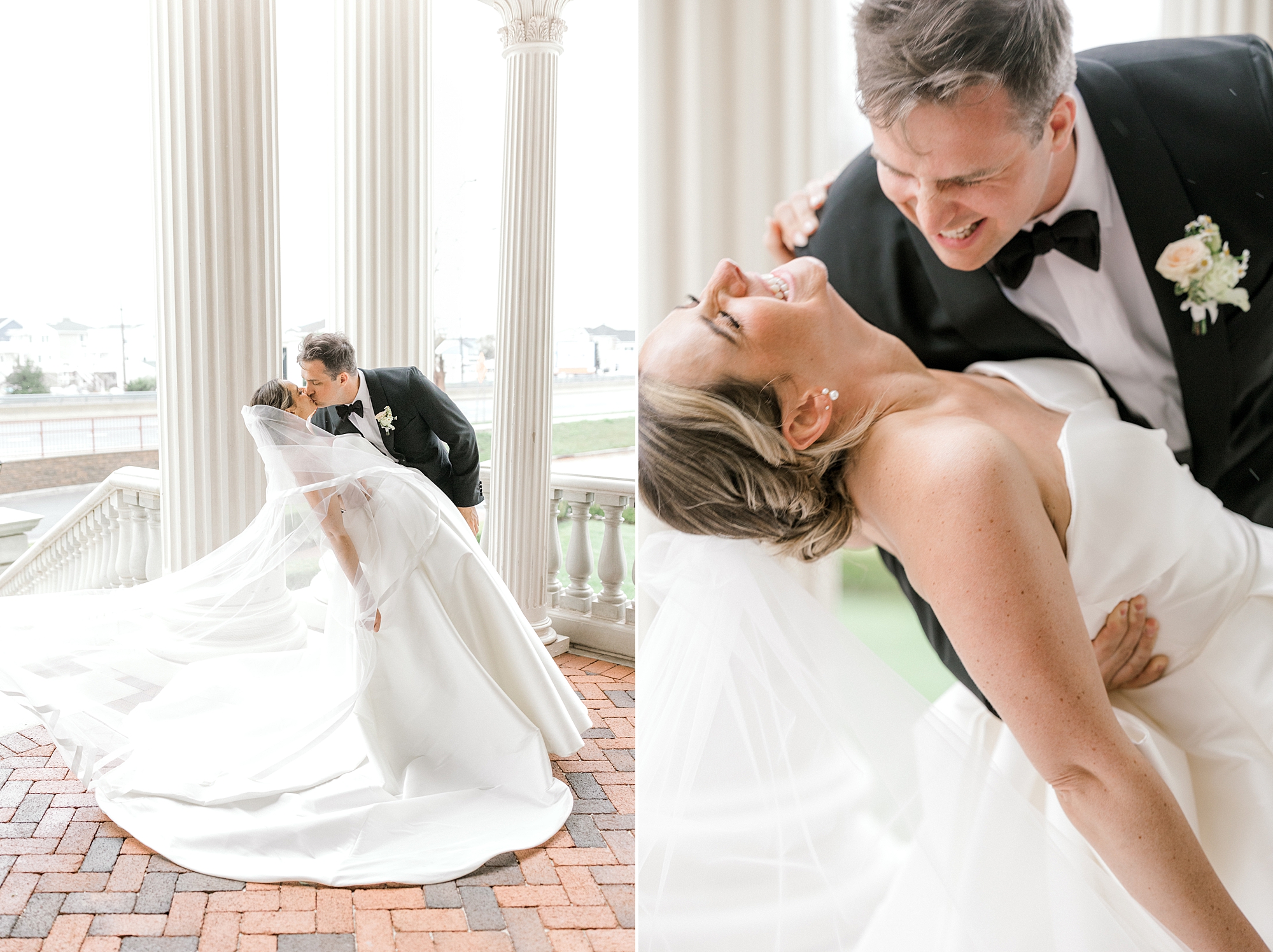 groom leans down to kiss bride's neck during NJ wedding portraits