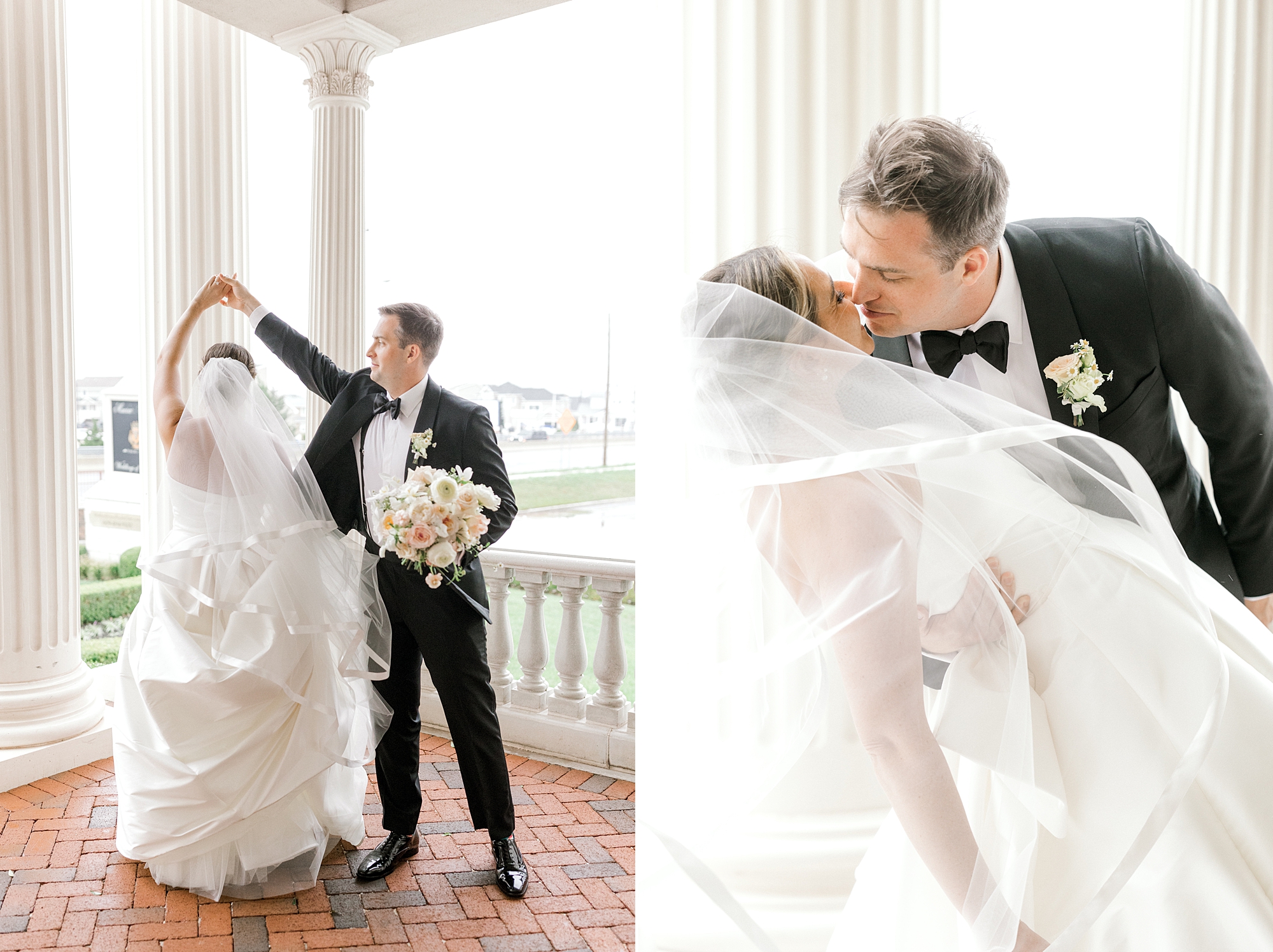 groom twirls bride leaning to kiss her at Mallard Island Yacht Club