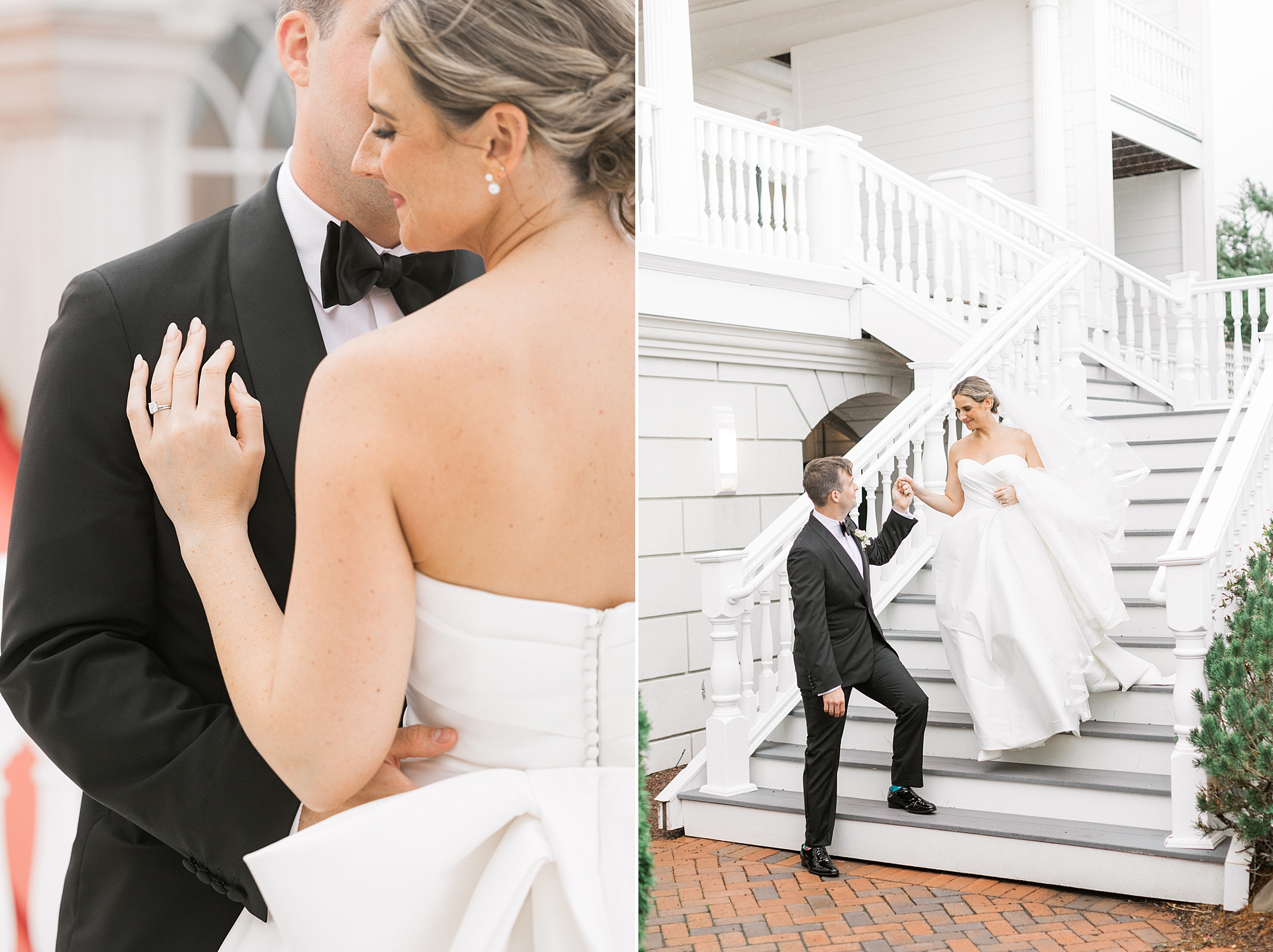 bride and groom walk down steps at Mallard Island Yacht Club
