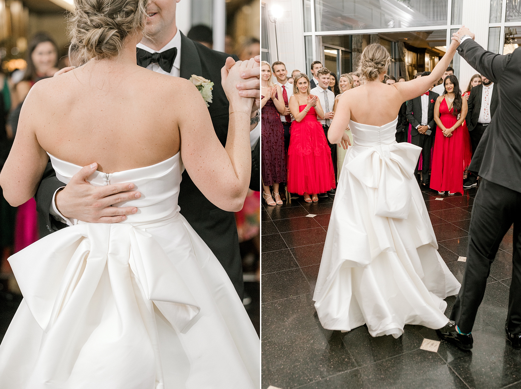 bride and groom dance during wedding reception at Mallard Island Yacht Club