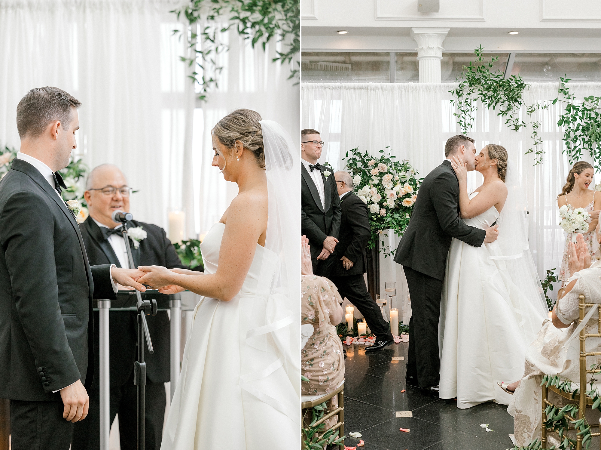 bride and groom kiss during wedding ceremony at Mallard Island Yacht Club