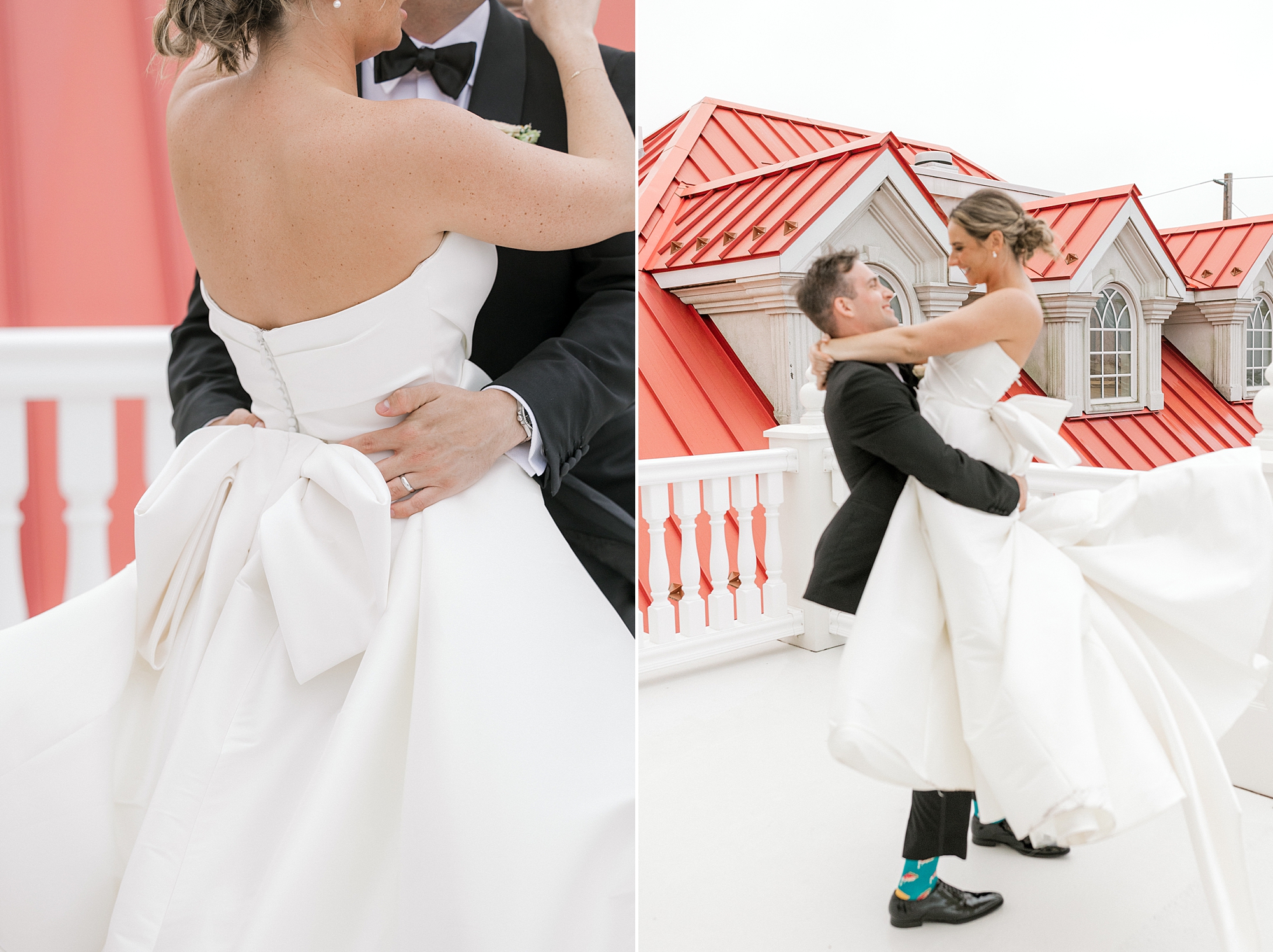 groom lifts bride twirling her on roof at Mallard Island Yacht Club