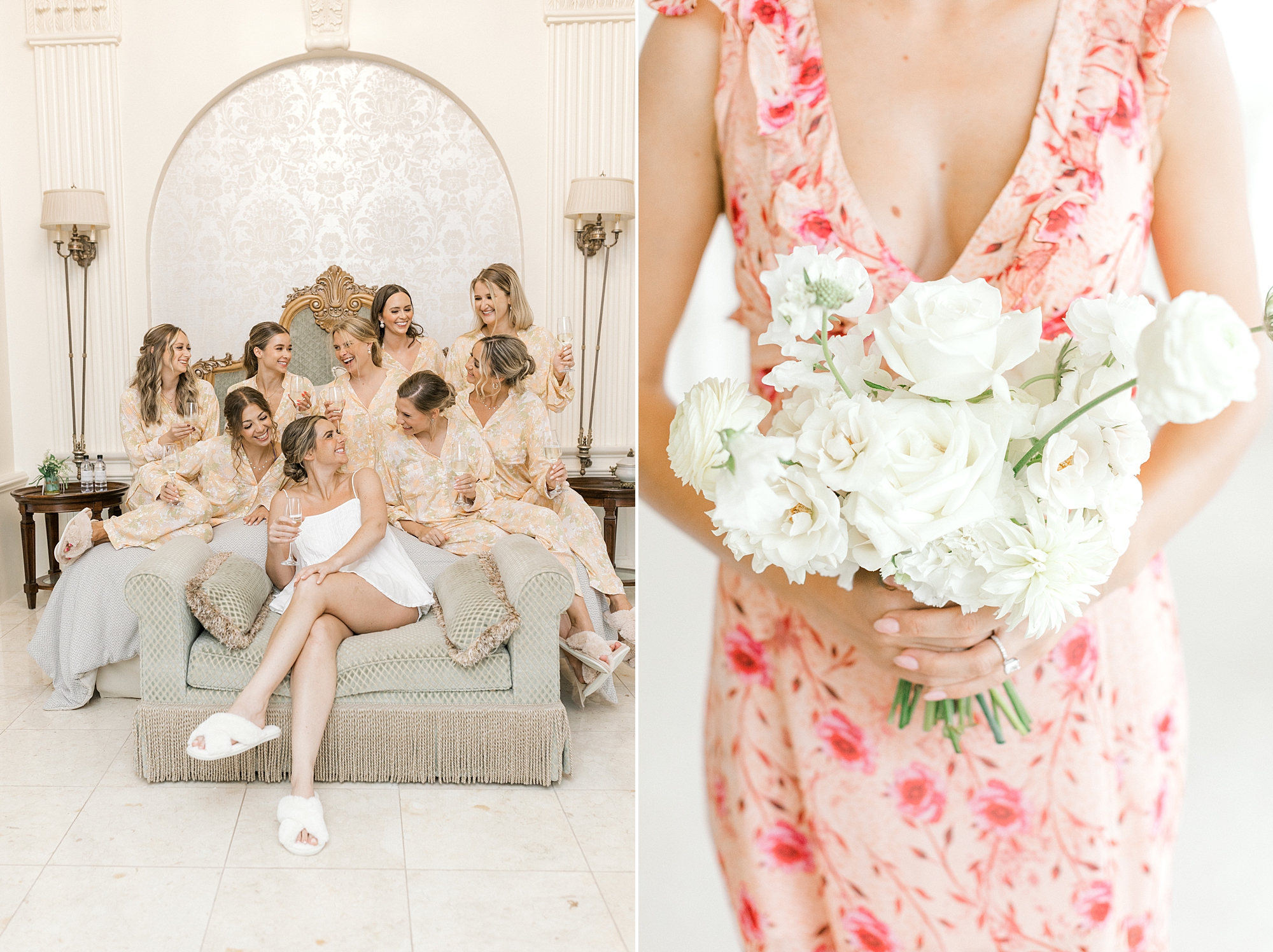 bridesmaid holds bouquet of white flowers for summer wedding at Mallard Island Yacht Club