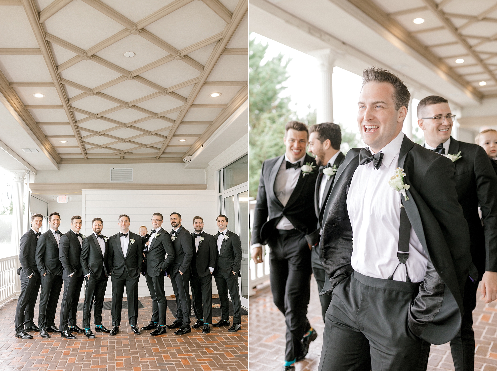 groom poses with groomsmen with hands in pockets at Mallard Island Yacht Club