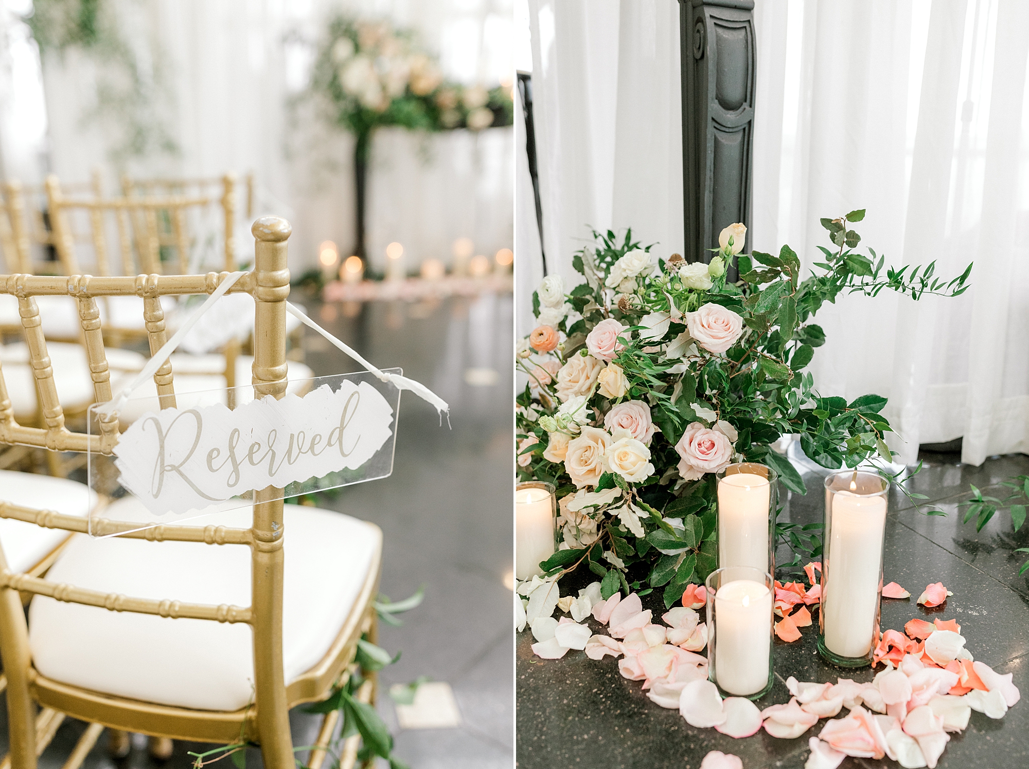 gold chairs along aisle at Mallard Island Yacht Club with ivory flowers and candles