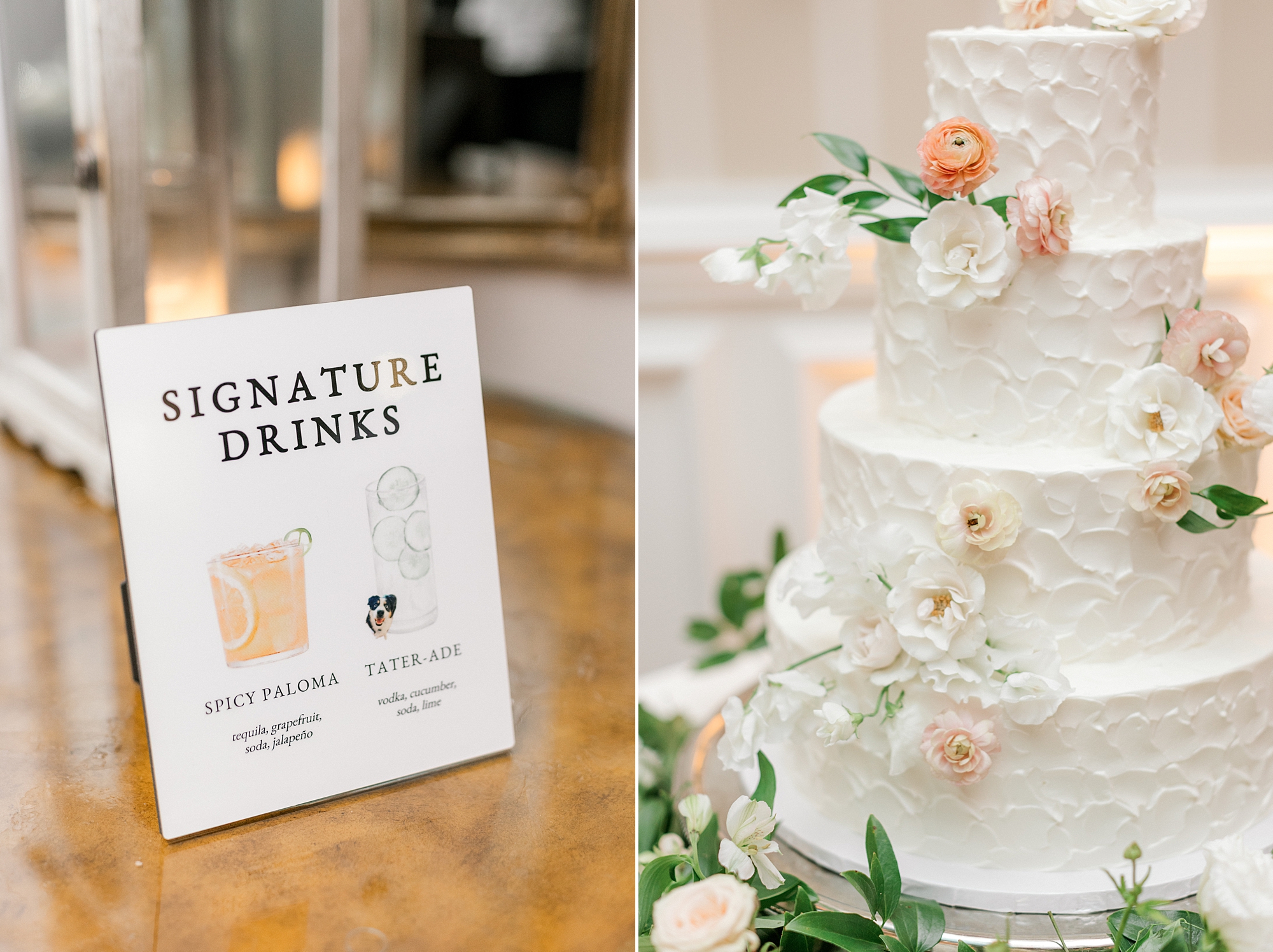 signature cocktail and tiered wedding cake for NJ wedding reception at Mallard Island Yacht Club