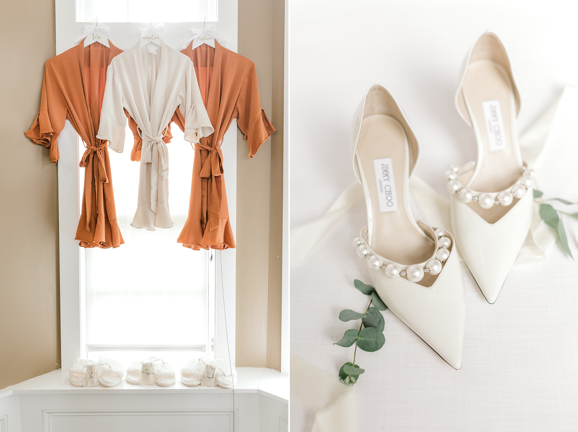 ivory shoes for bride and orange and white robes hang in the window of Ryland Inn