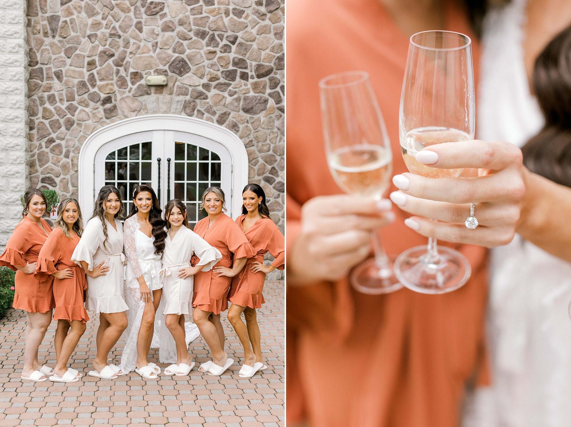 bride and bridesmaids in orange robes hold champagne outside Ryland Inn