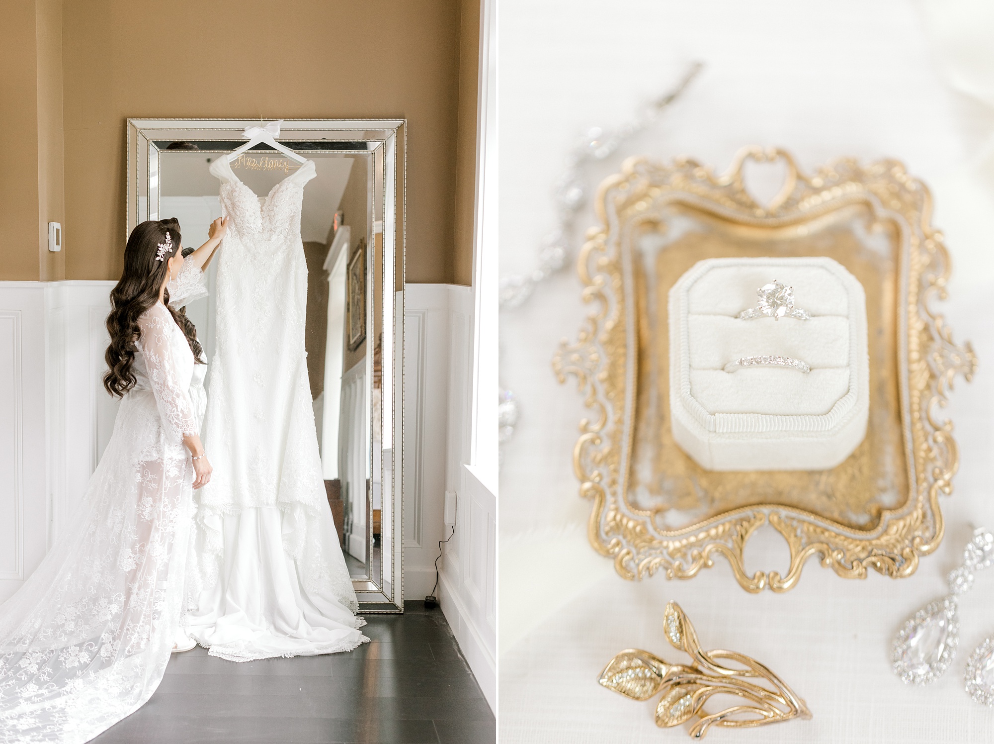 bride looks at wedding dress hanging in suite at Ryland Inn