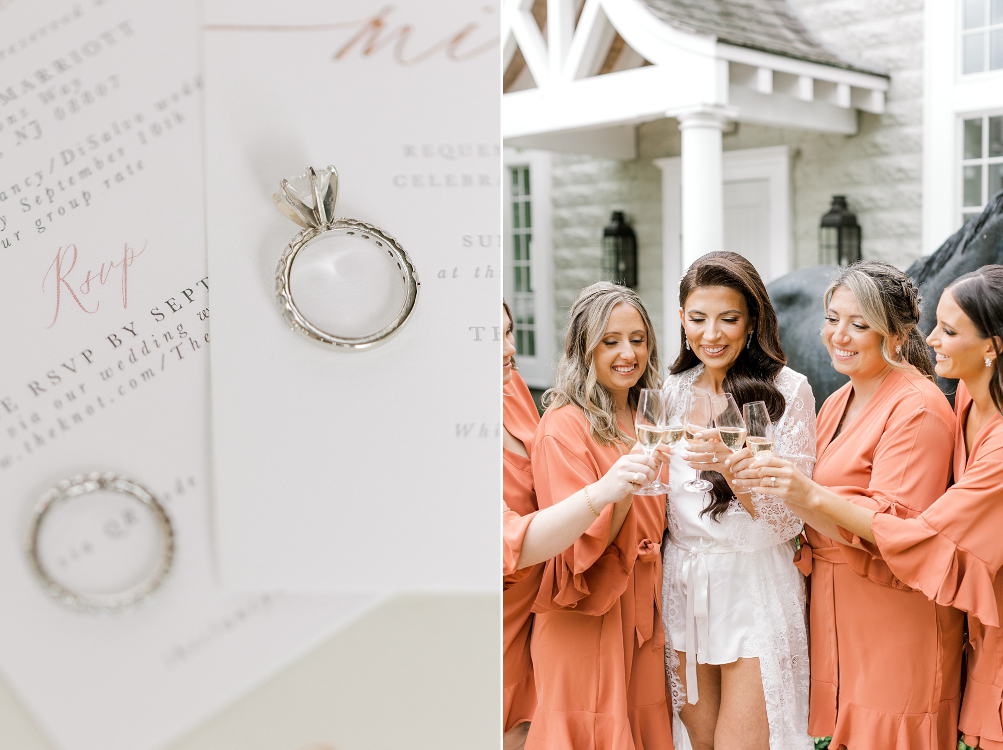 bride and bridesmaids in orange robes toast Champagne during fall wedding at Ryland Inn