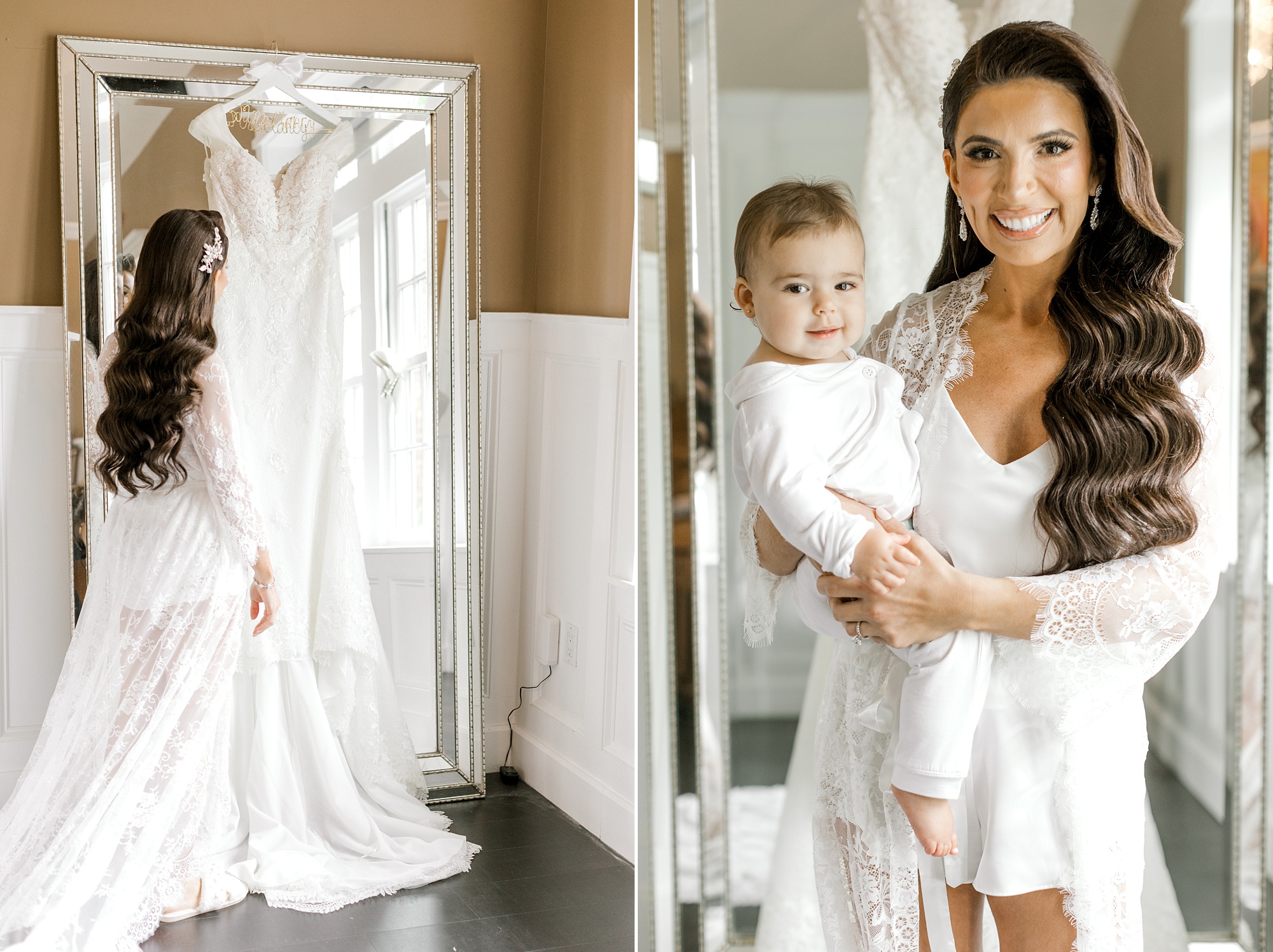 bride poses with daughter on her hip in bridal suite at Ryland Inn