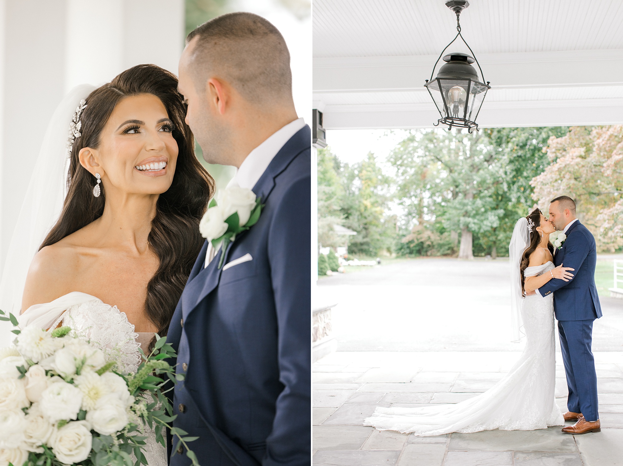 bride grins up at groom in navy suit during portraits under awning at Ryland Inn