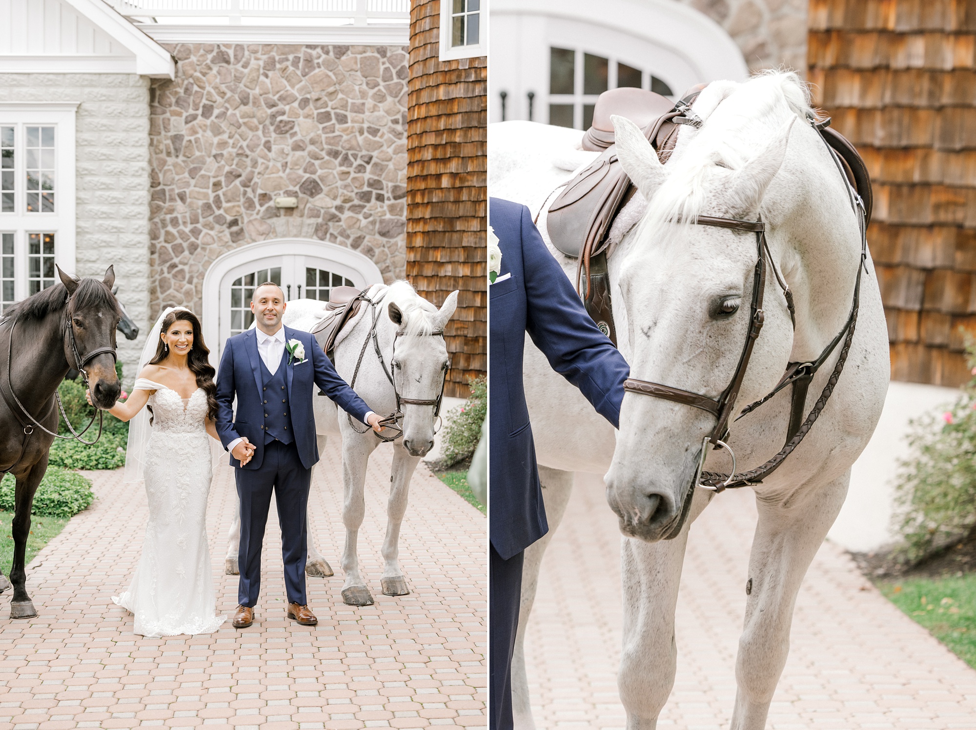 bride and groom hold white and brown horses' reins outside Ryland Inn