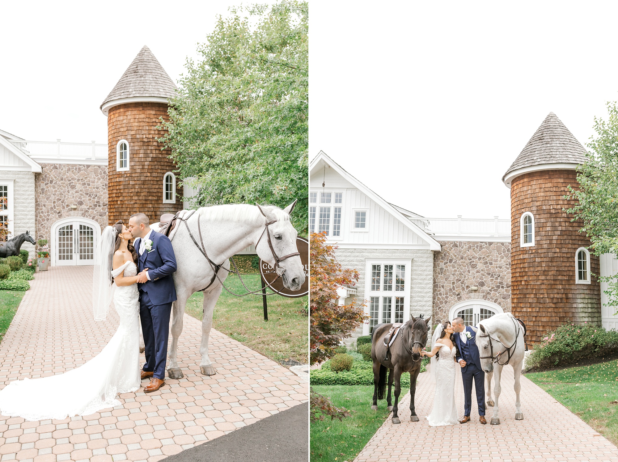 bride and groom pose with horses outside Ryland Inn in New Jersey