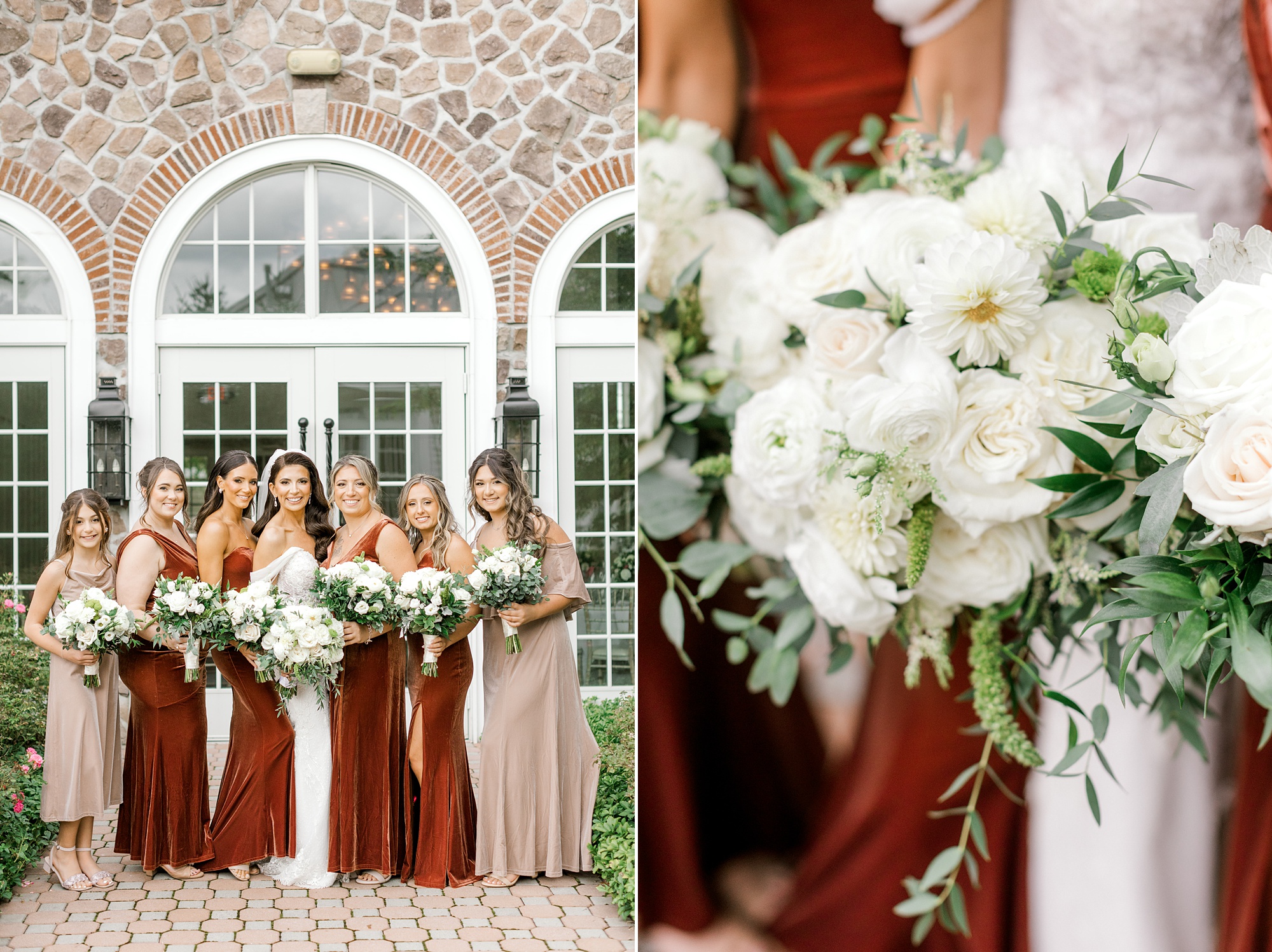 bride holds bouquet of white roses with bridesmaids in red velvet gowns