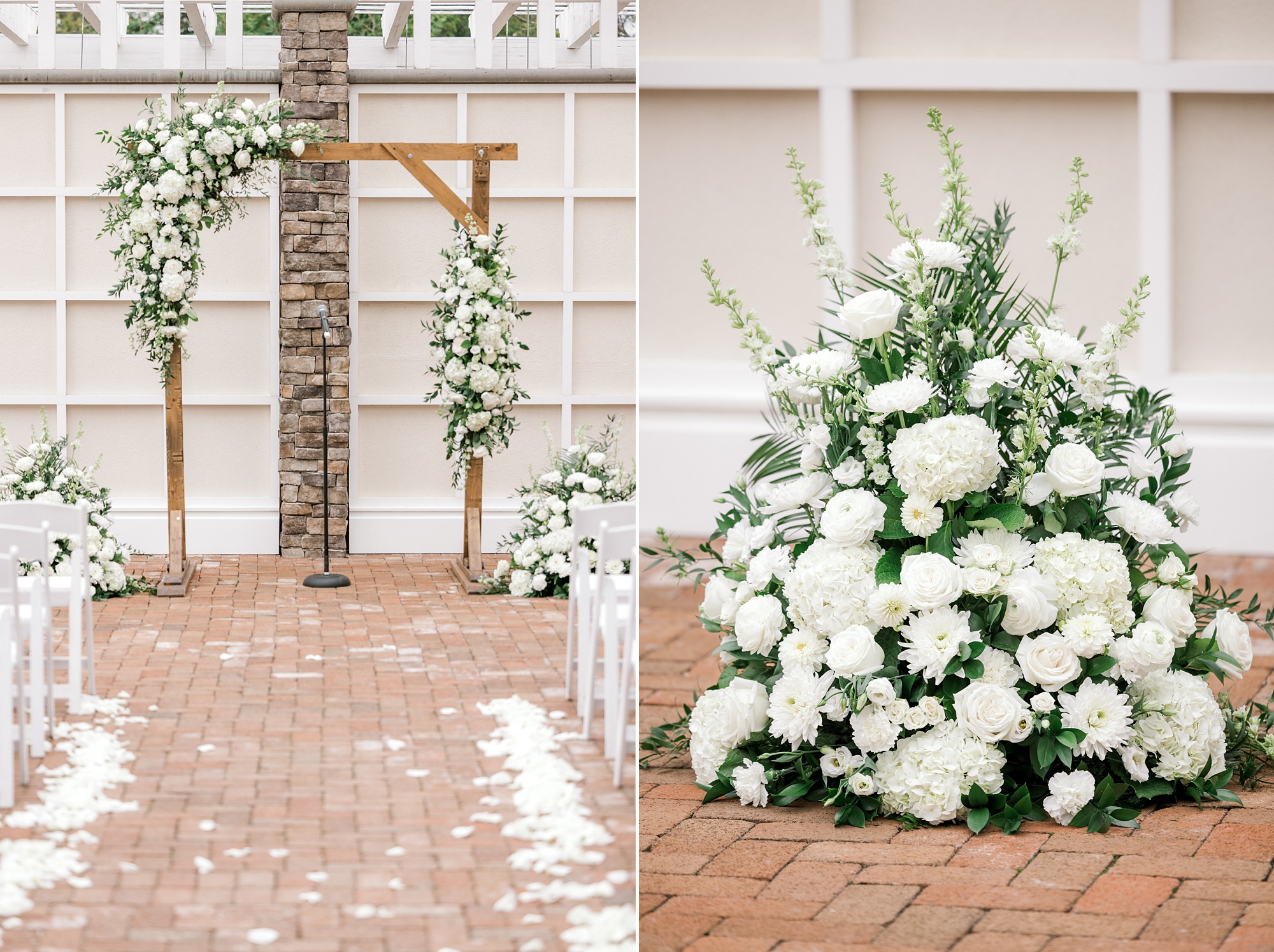 wedding ceremony at Ryland Inn with white flowers on wooden arbor