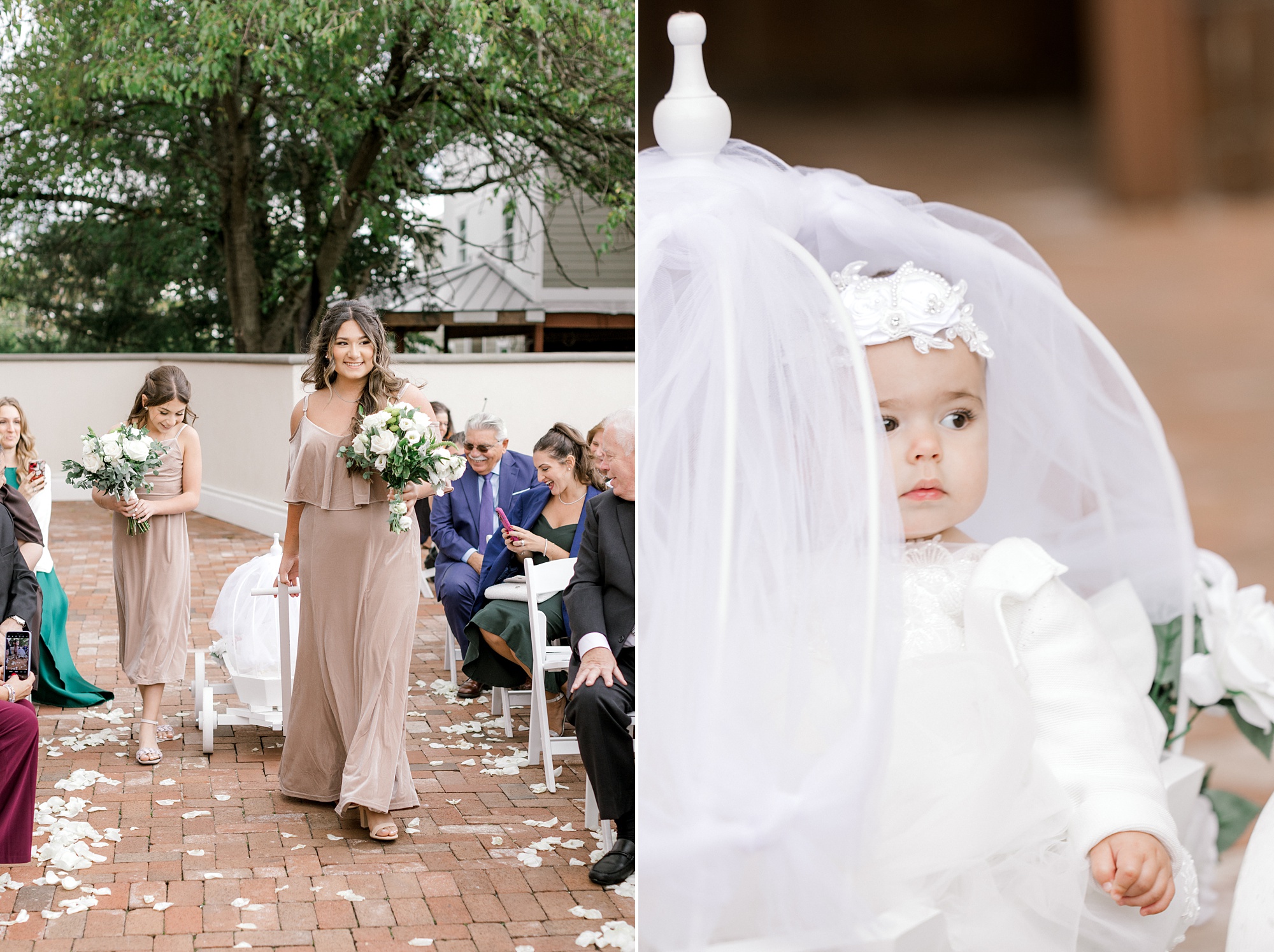 bridesmaids walk down aisle pulling wagon with flower girl during wedding ceremony at Ryland Inn on the patio