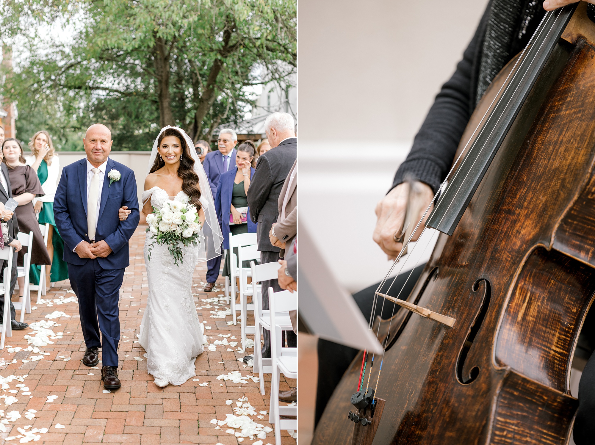 bride walks down aisle with father during wedding ceremony at Ryland Inn on the patio