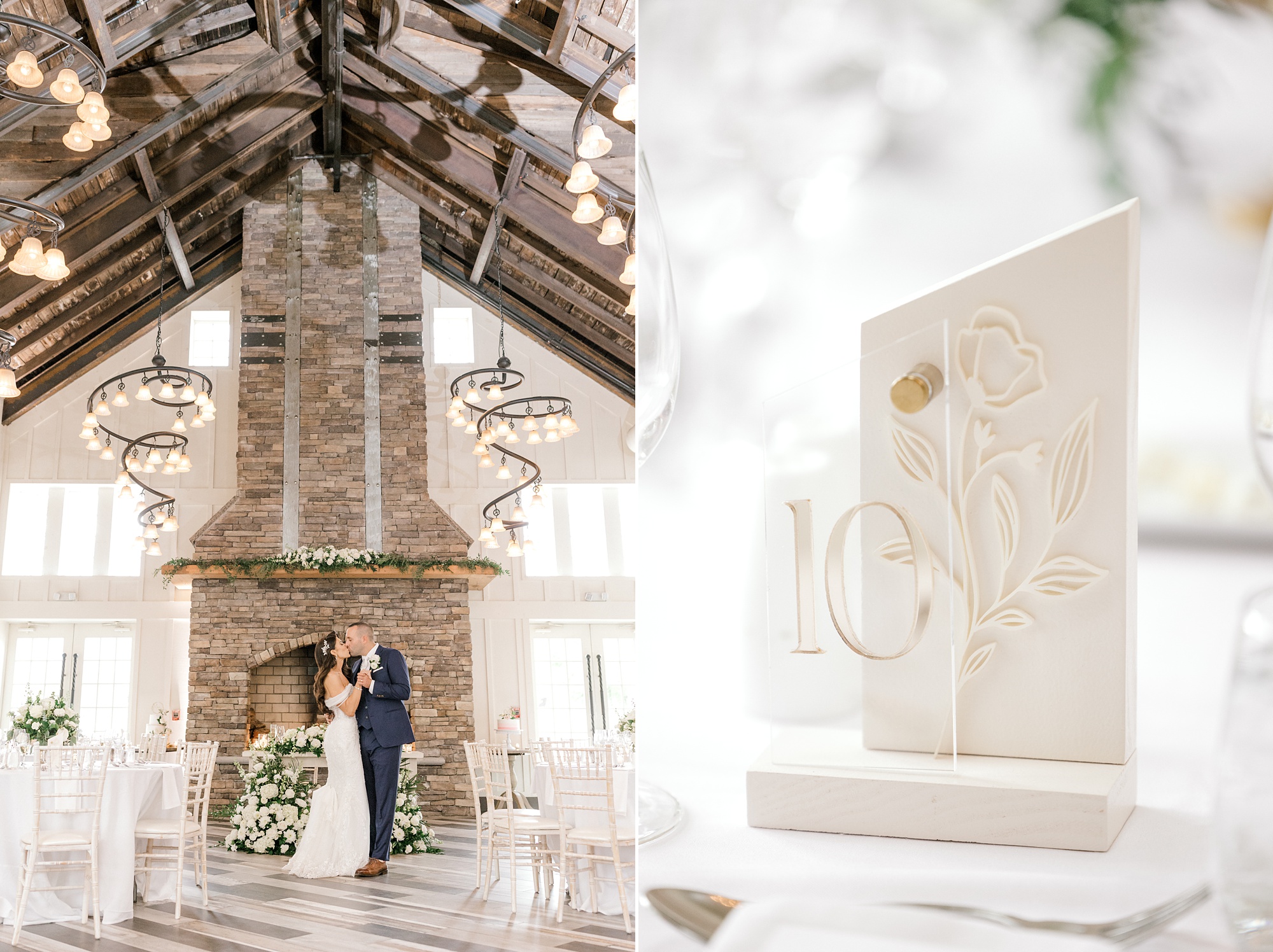 newlyweds hug by stone fireplace inside Ryland Inn during wedding reception