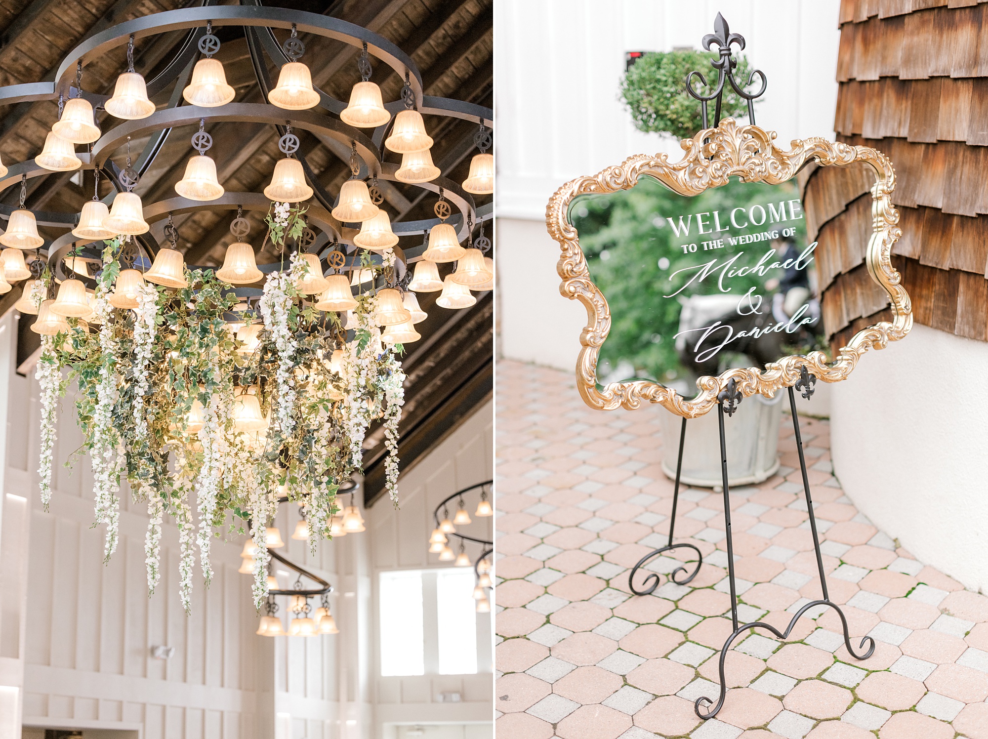 wedding reception details including chandelier and mirror sign