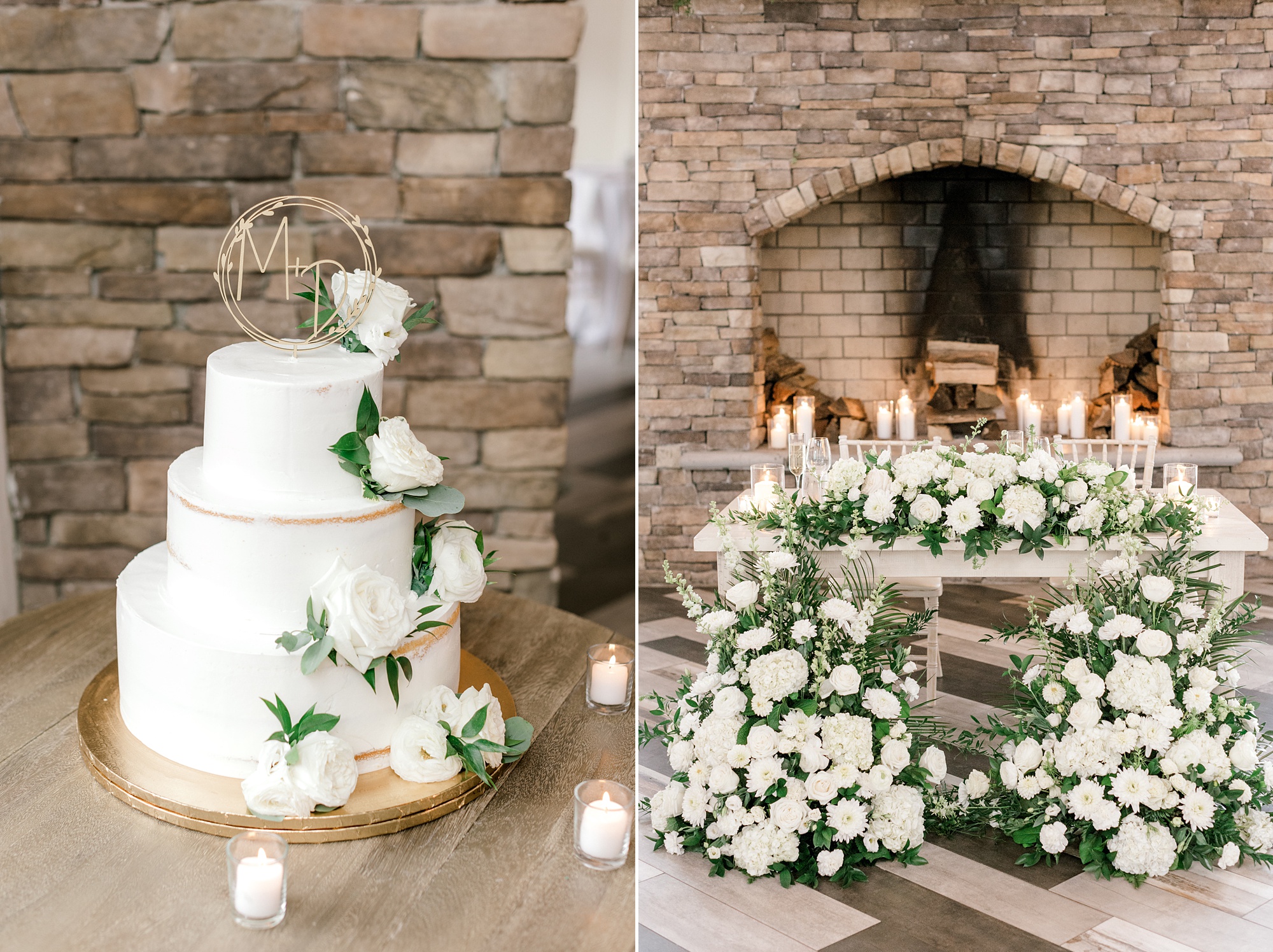 wedding reception at Ryland Inn sweetheart table with draped white flowers and tiered wedding cake