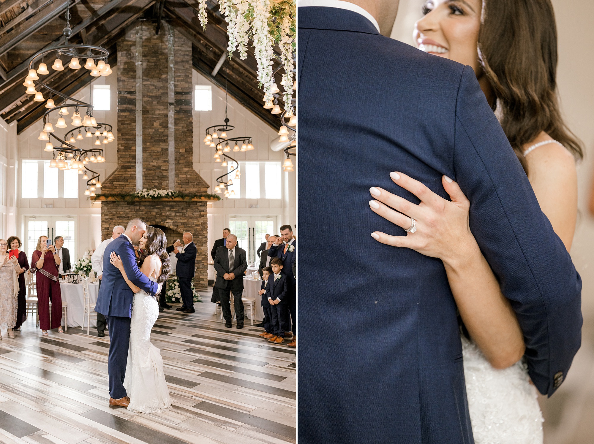 newlyweds dance under chandelier at Whitehouse Station NJ wedding reception