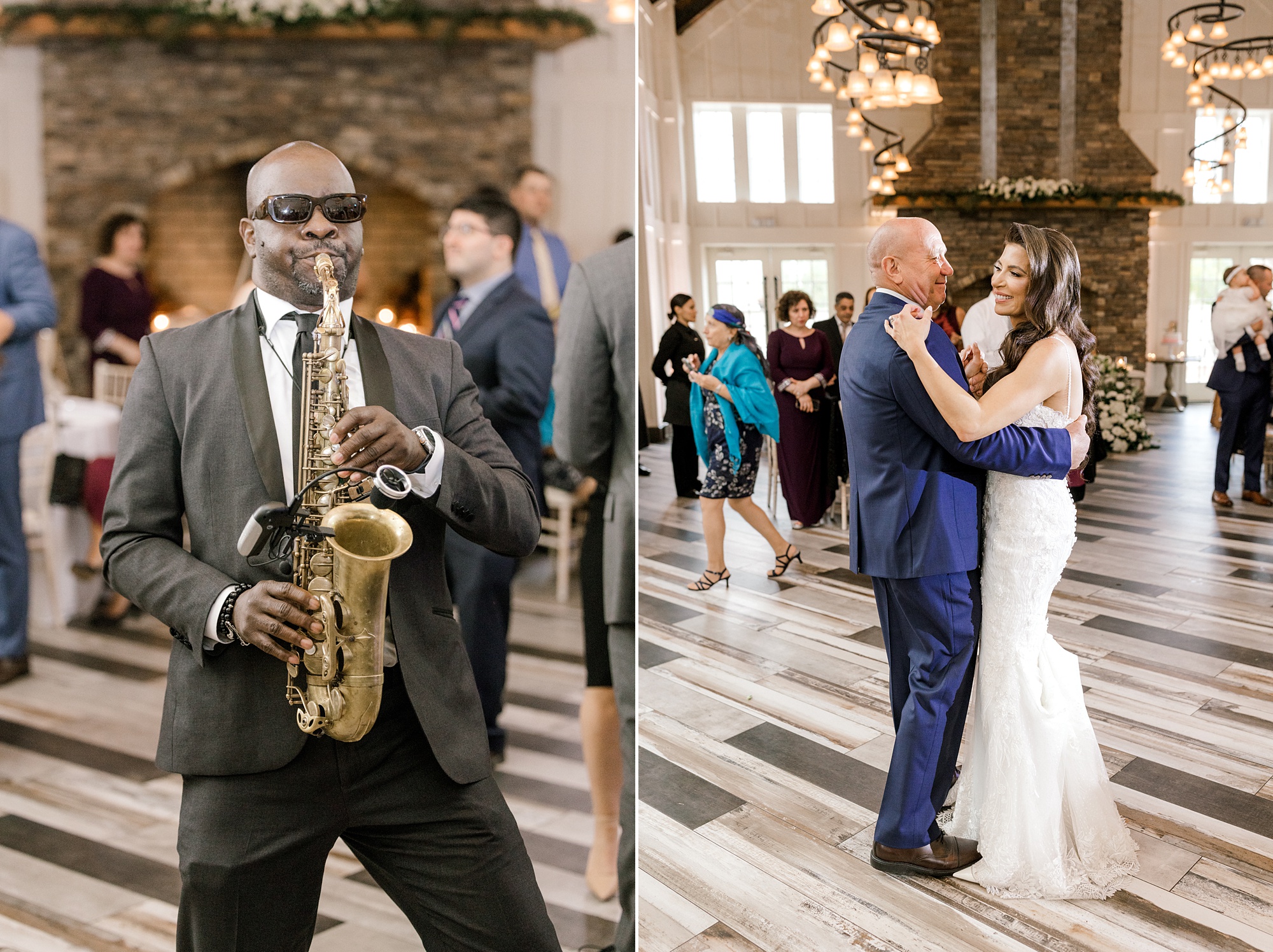 bride and father dance while live saxophone player performs during Whitehouse Station NJ wedding reception