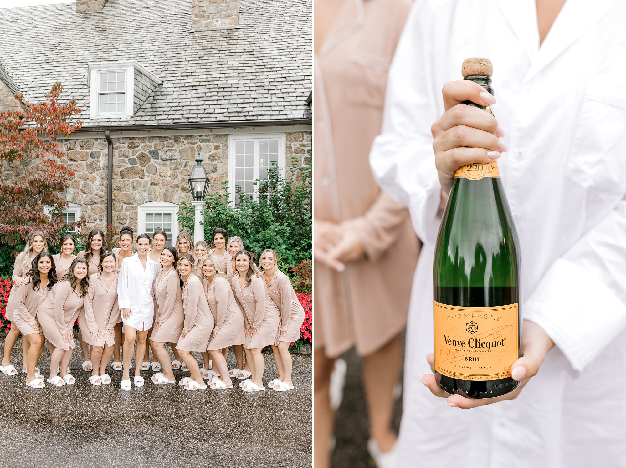 bride holds bottle of Champagne to pop with bridesmaids