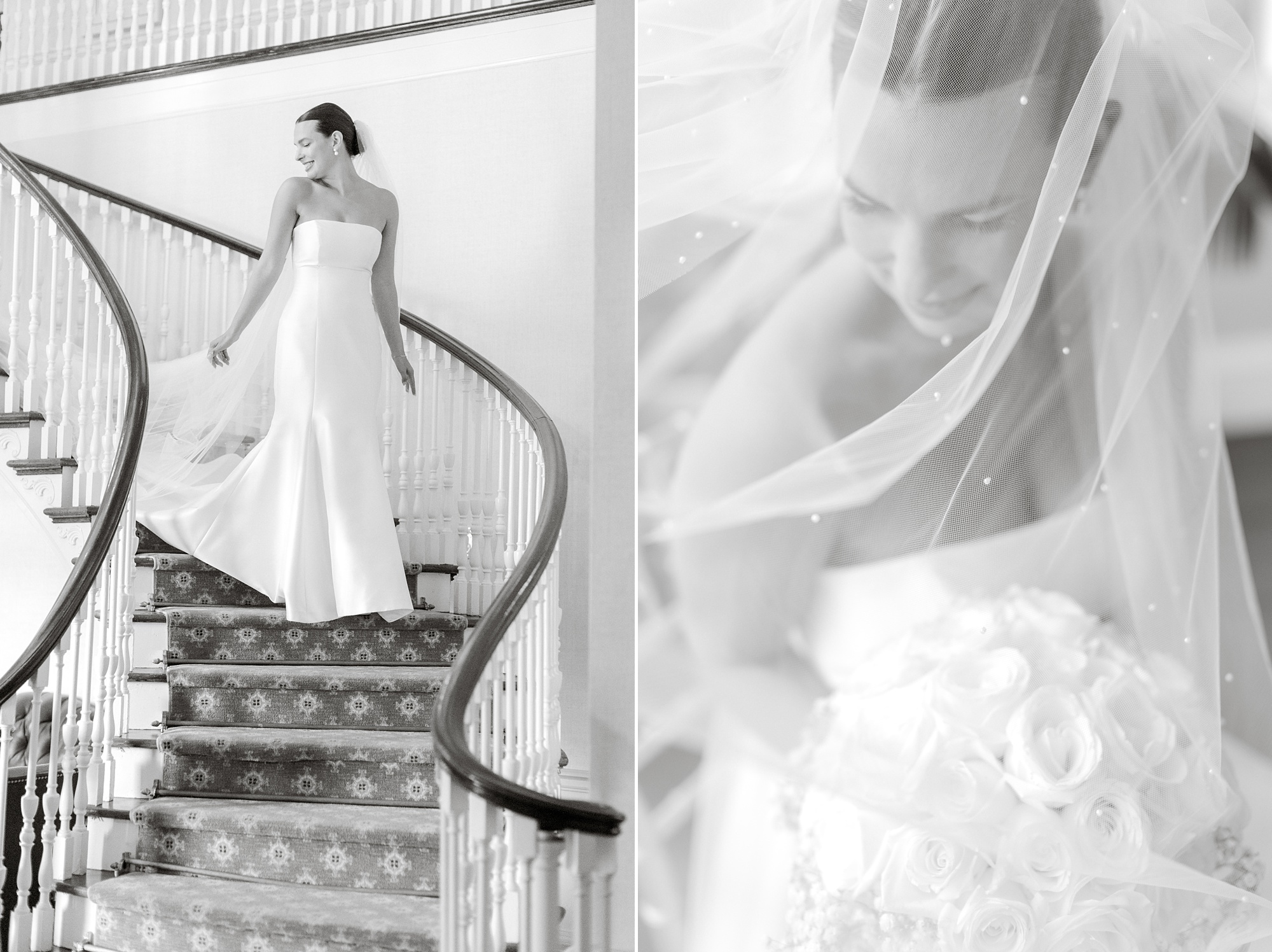 bride walks down steps at Fiddler's Elbow Country Club