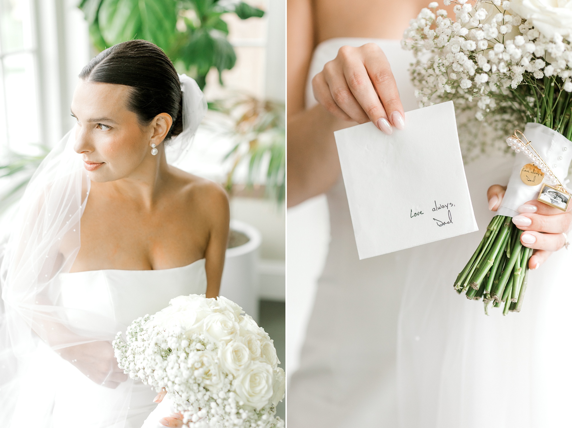 bride holds bouquet of white baby's breath with napkin featuring dad's handwriting