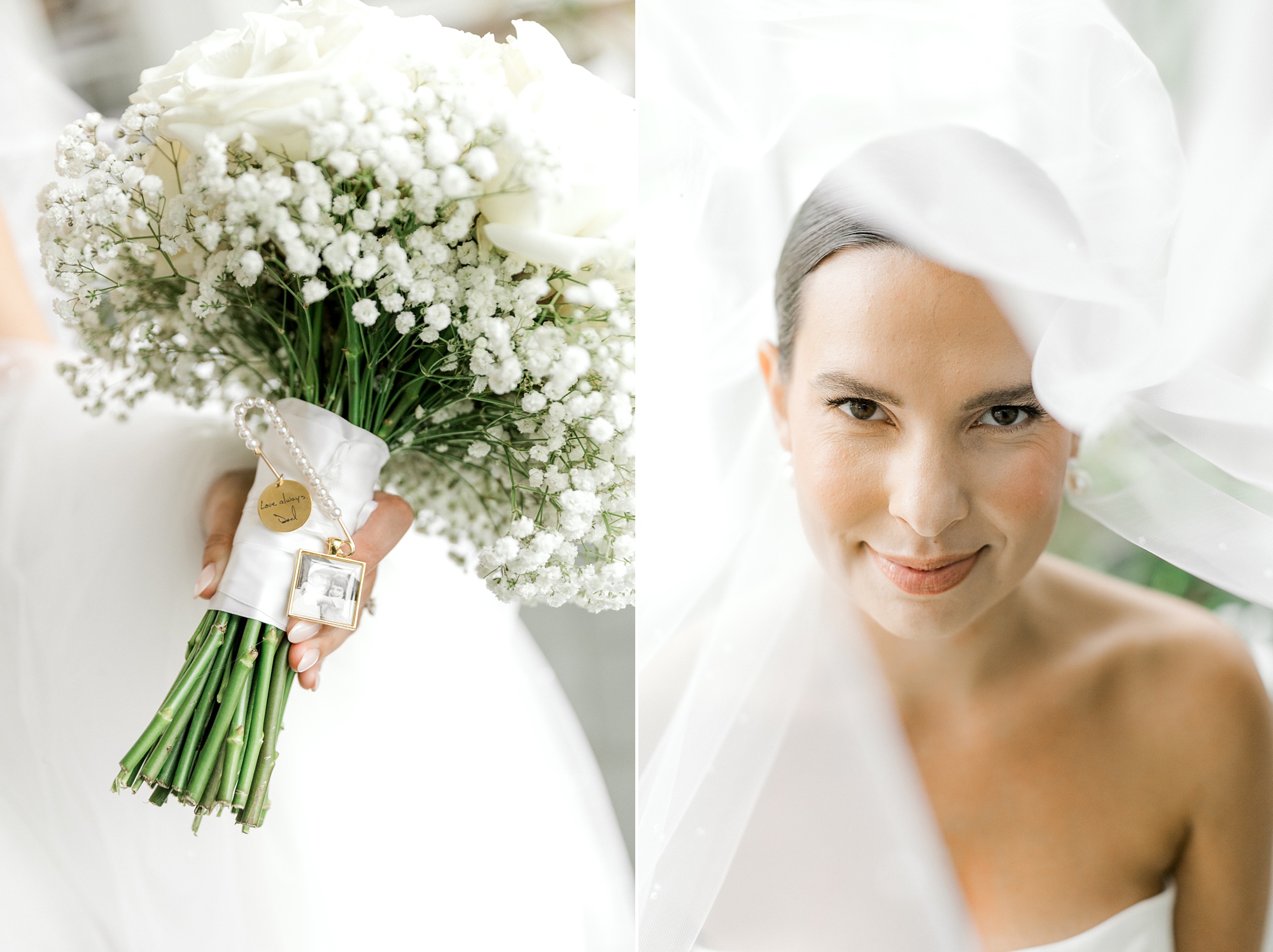 bride looks out from under veil and holds bouquet of baby's breath and white roses