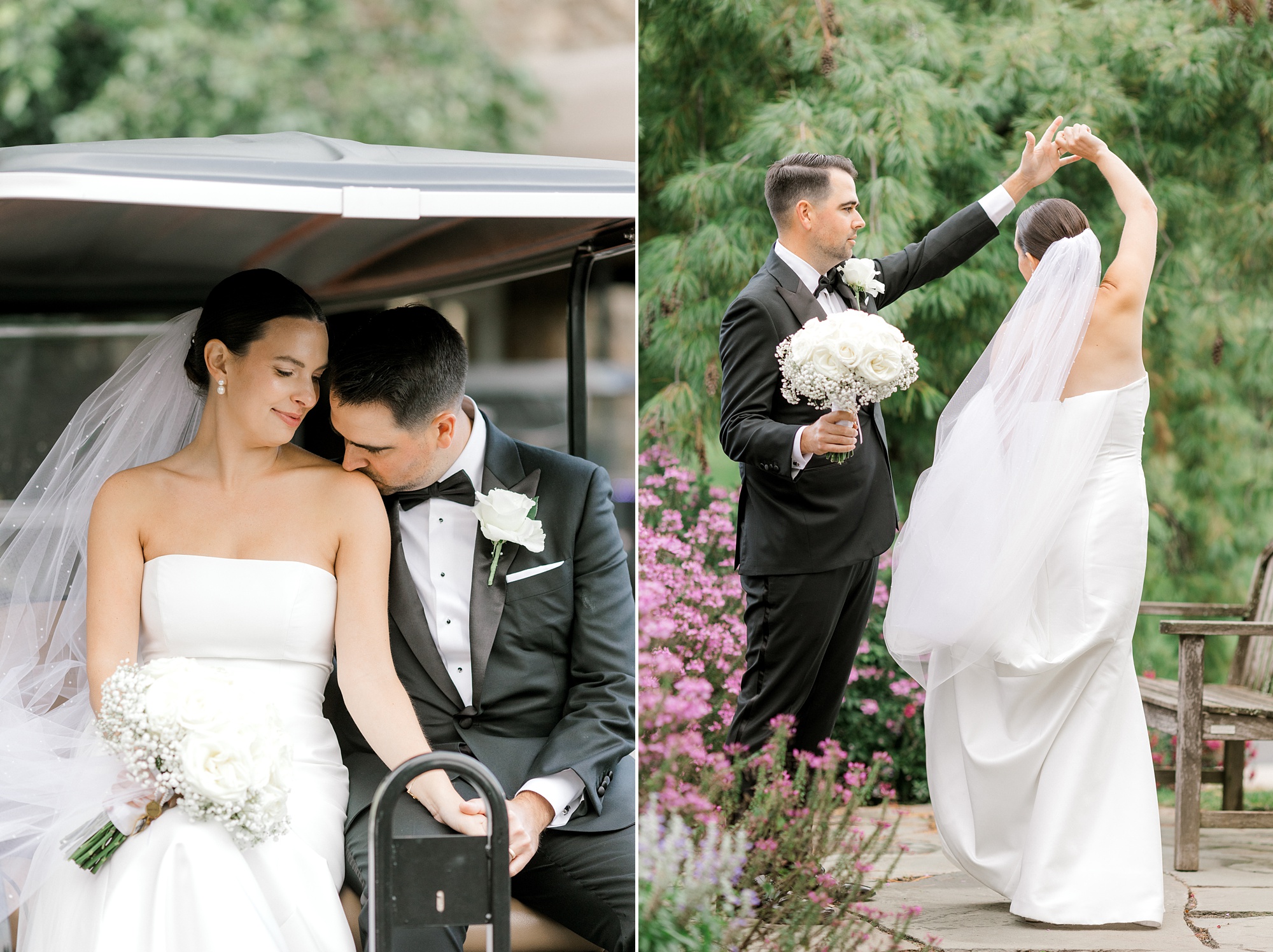 groom twirls bride under his arm and kisses her shoulder on golf cart