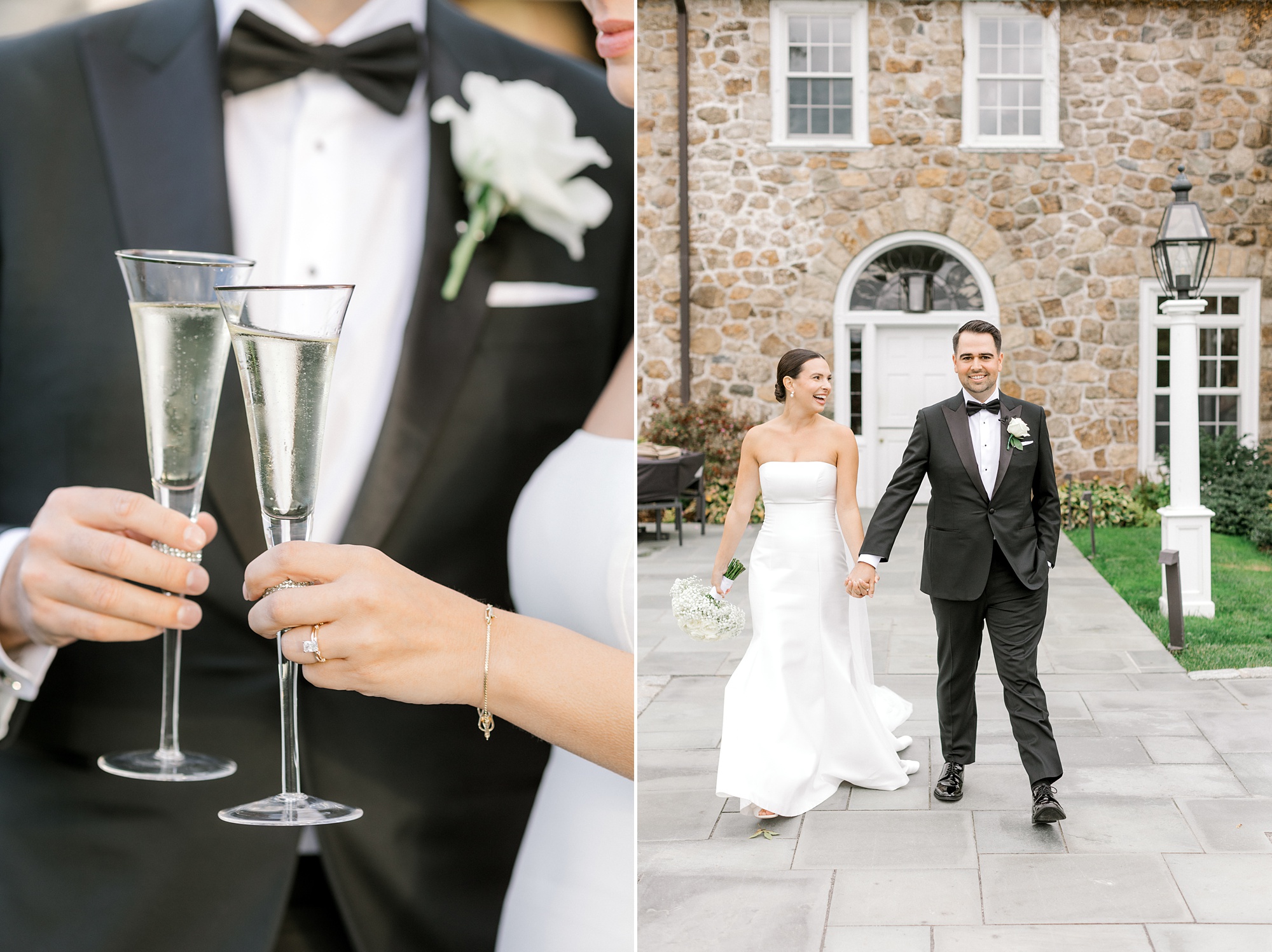 bride and groom walk outside Fiddler’s Elbow Country Club  and hold champagne glasses
