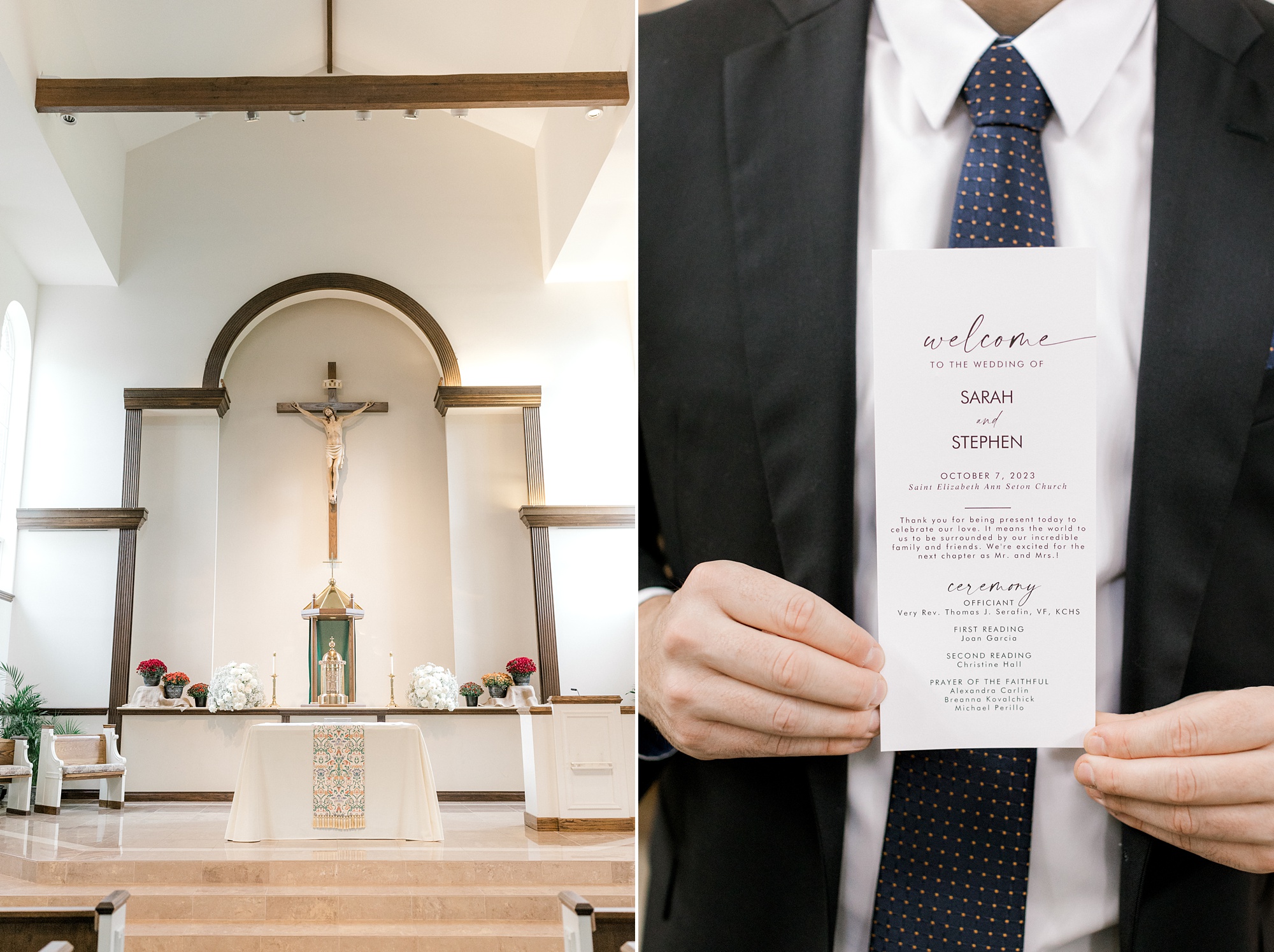 groom holds program for traditional Catholic church wedding in New Jersey
