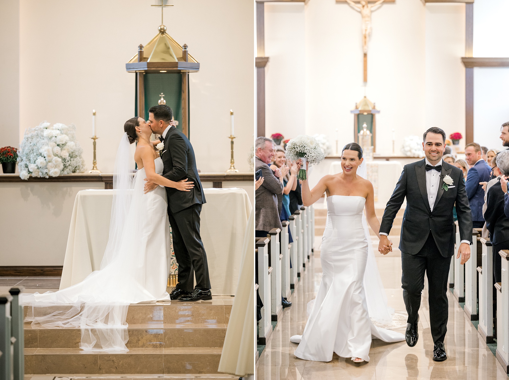 newlyweds kiss at alter after traditional Catholic church wedding in New Jersey