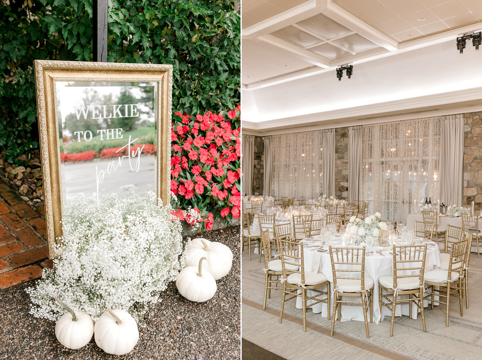 fall wedding reception at Fiddler's Elbow Country Club with baby's breath details
