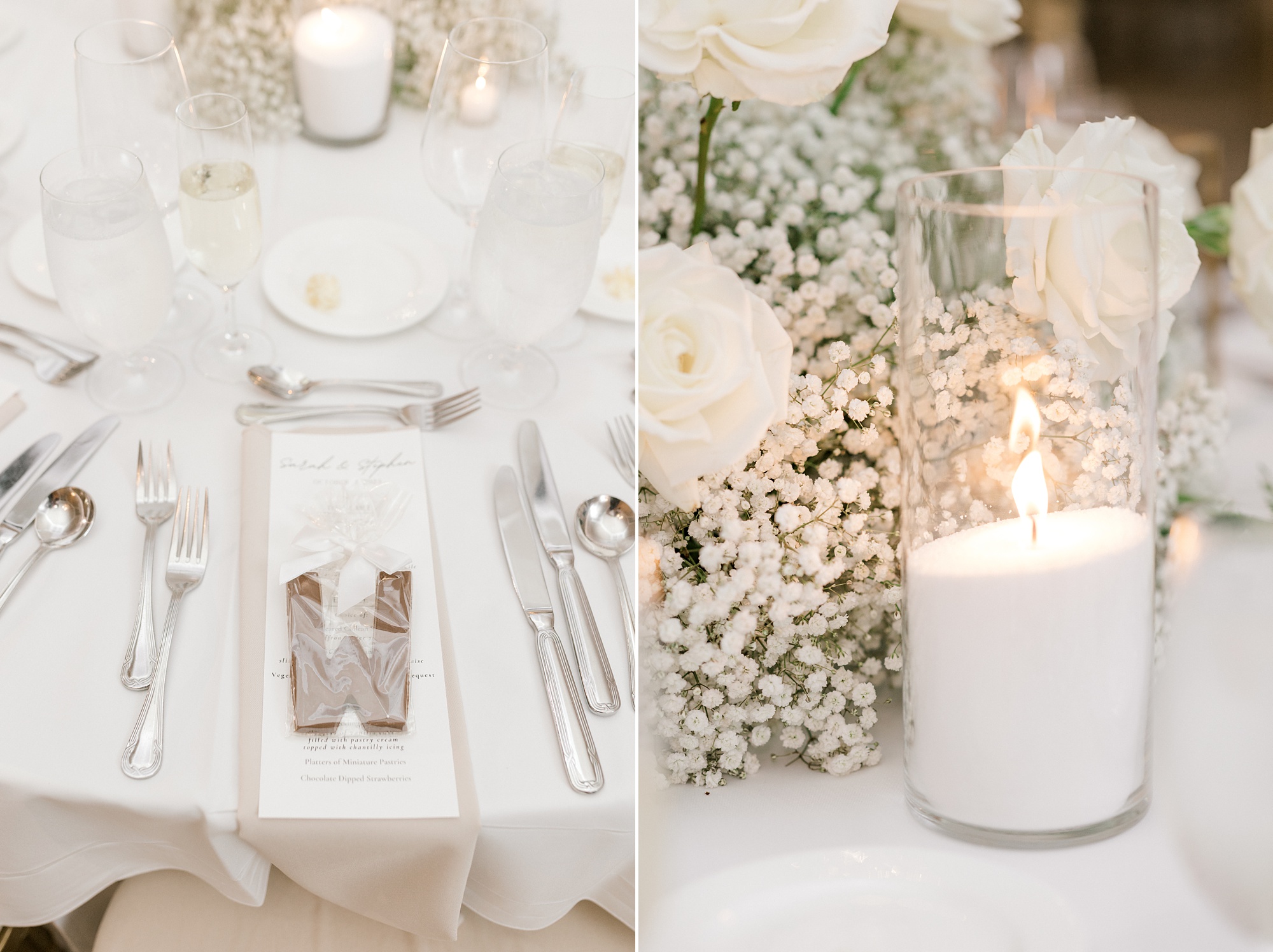 wedding reception centerpieces with baby's breath and white candles