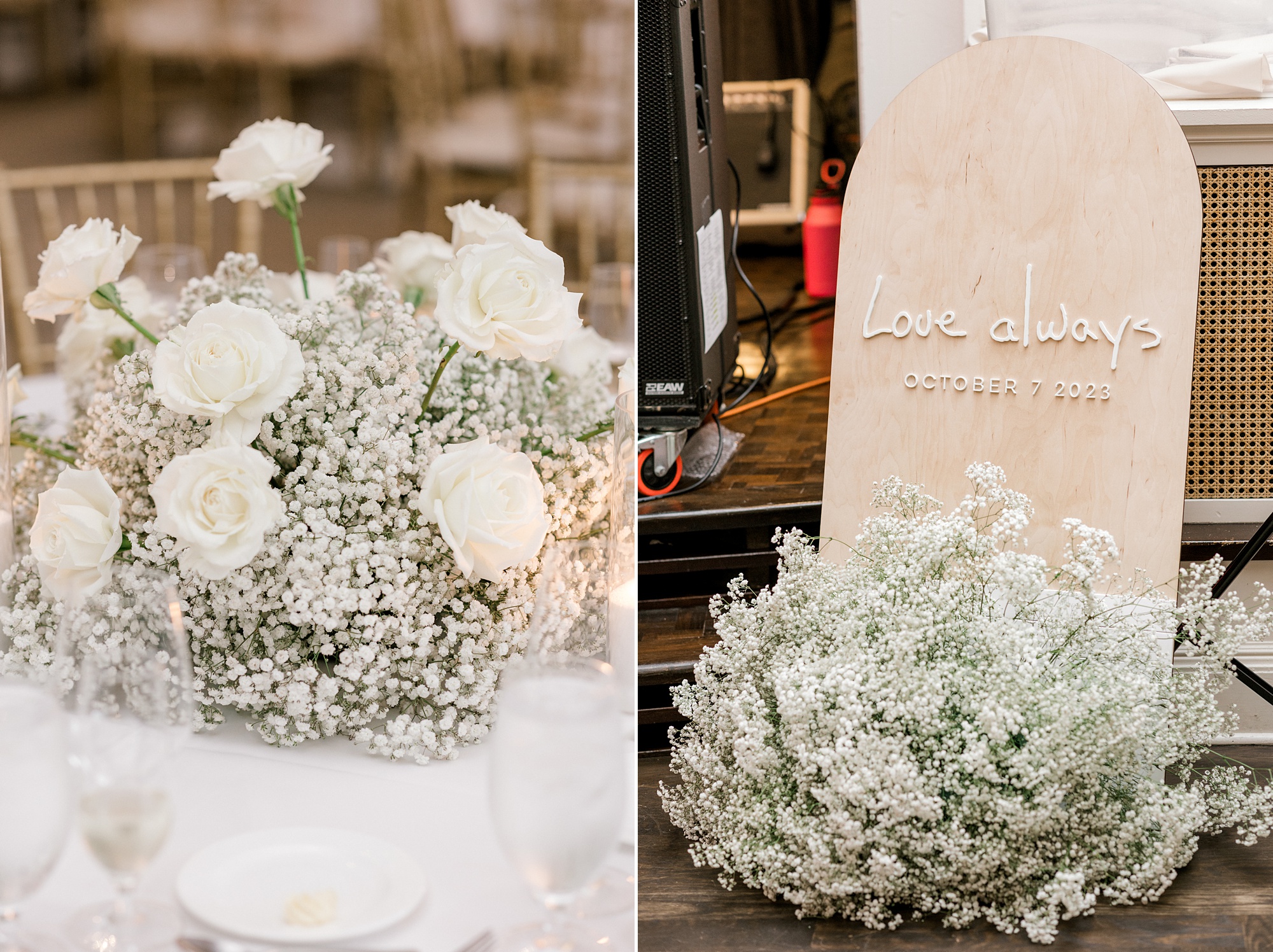 fall wedding reception at Fiddler's Elbow Country Club with white rose and baby's breath accents