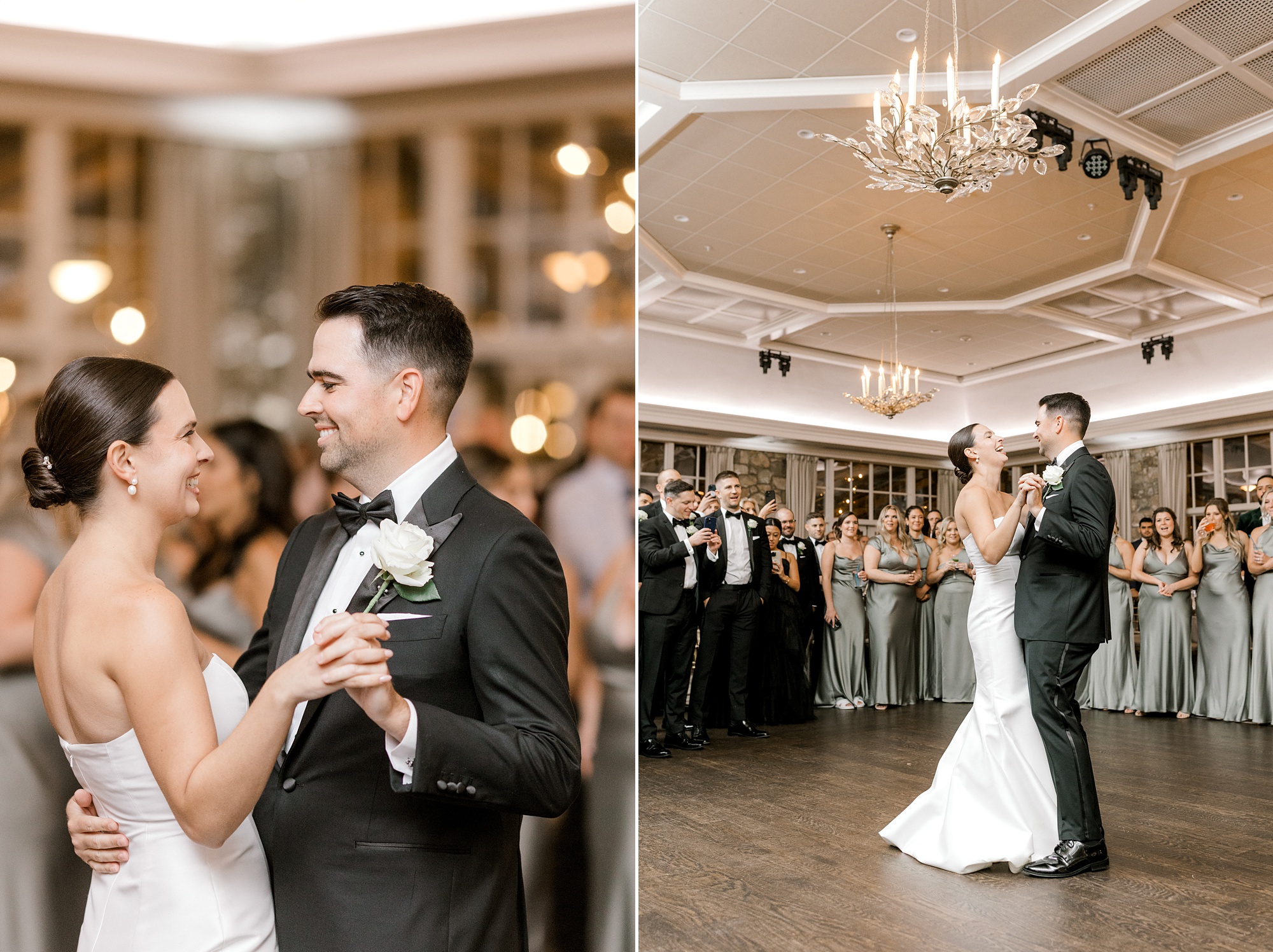 bride and groom dance during reception at Fiddler's Elbow Country Club
