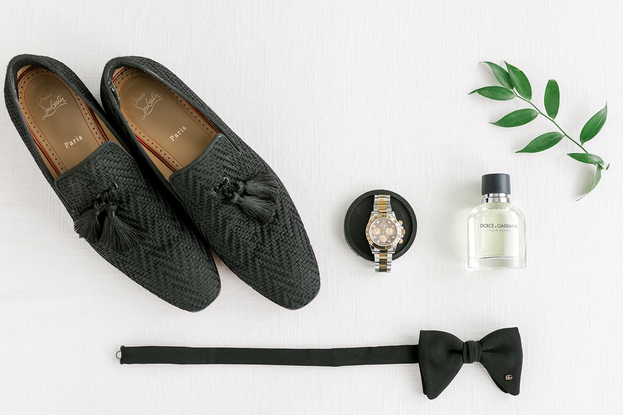 groom's black shoes, bow tie, and cologne for Long Beach Island wedding